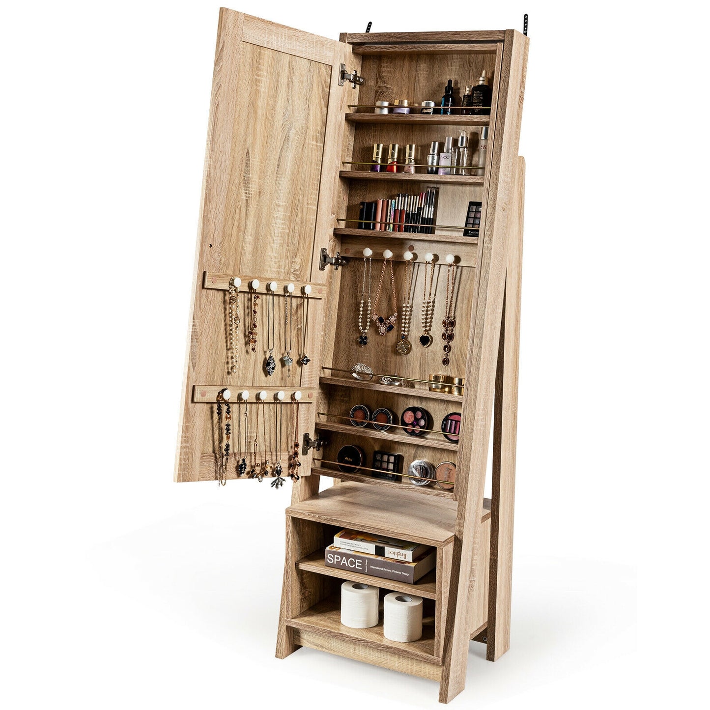Freestanding Full-Length Mirror Jewelry Armoire with Bottom Storage Shelves
