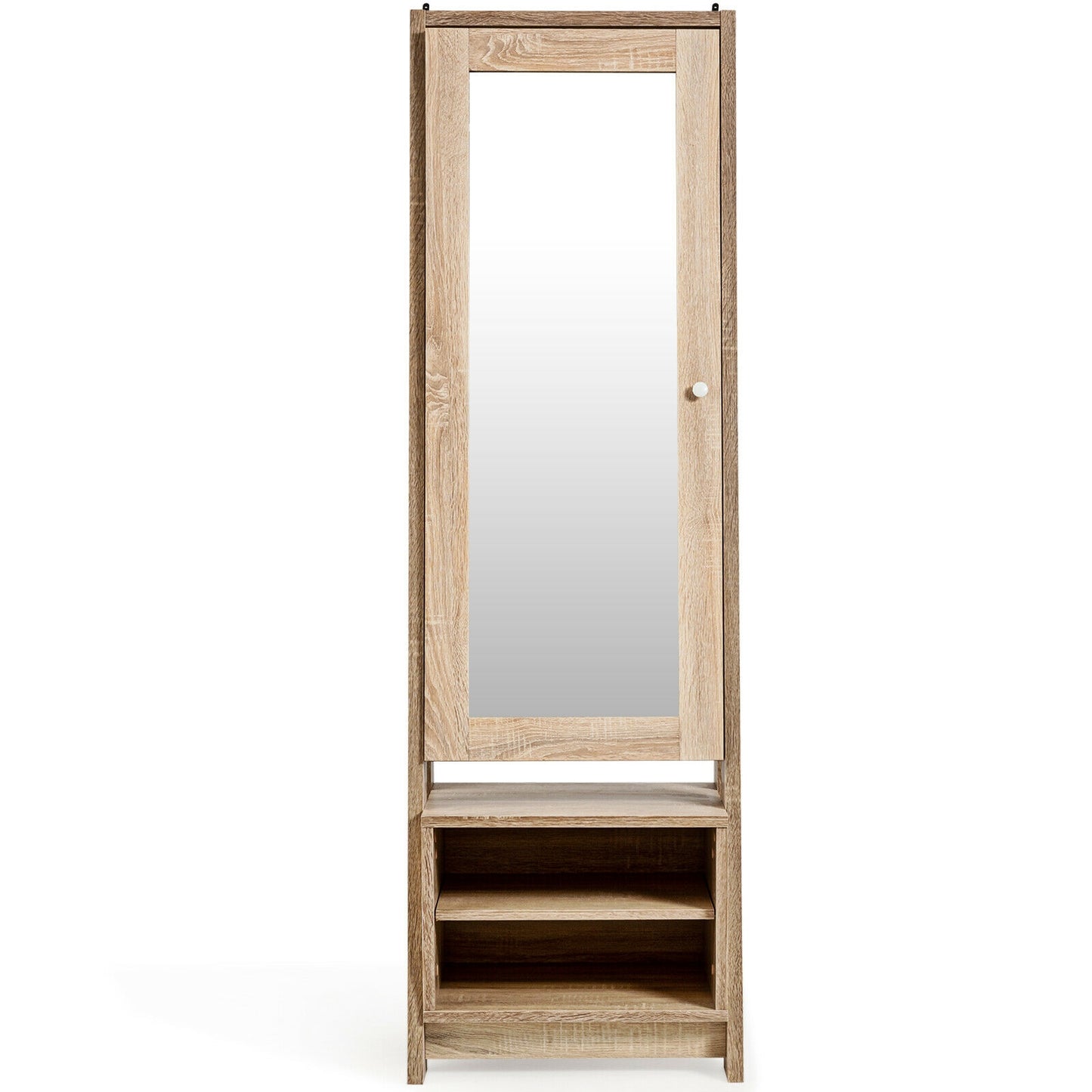 Freestanding Full-Length Mirror Jewelry Armoire with Bottom Storage Shelves