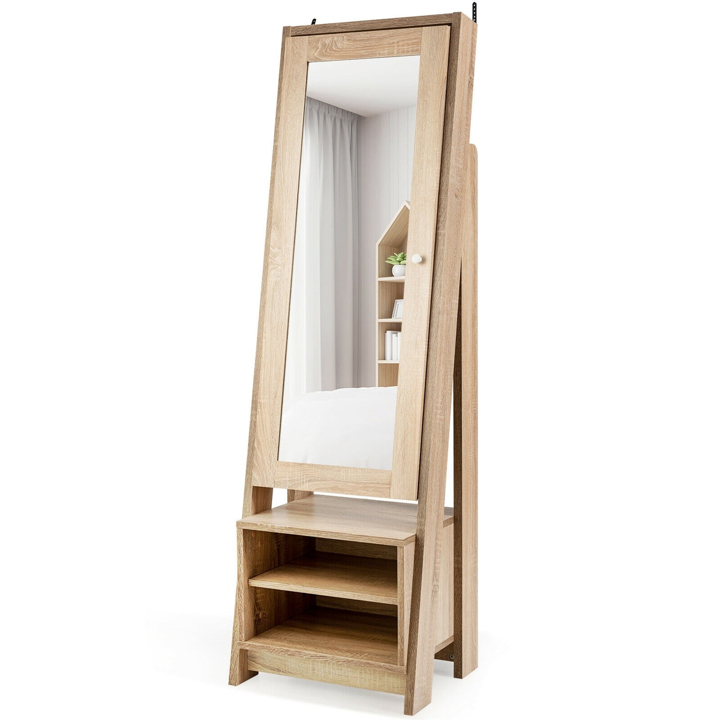 Freestanding Full-Length Mirror Jewelry Armoire with Bottom Storage Shelves