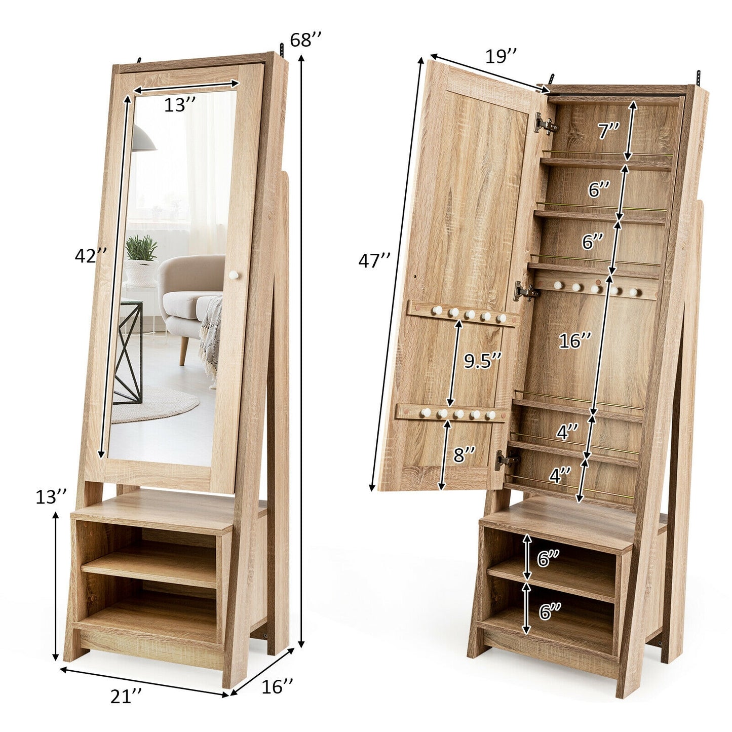 Freestanding Full-Length Mirror Jewelry Armoire with Bottom Storage Shelves