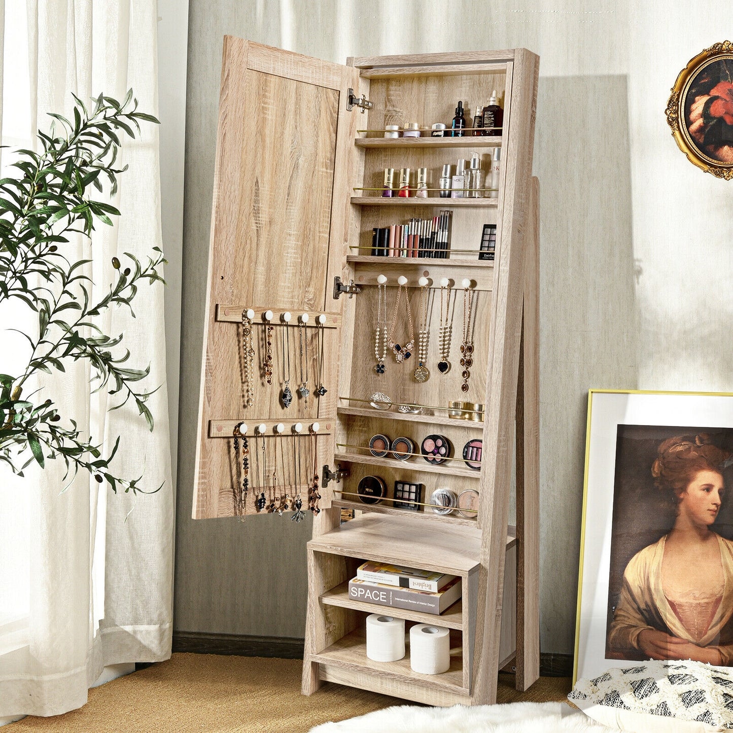 Freestanding Full-Length Mirror Jewelry Armoire with Bottom Storage Shelves