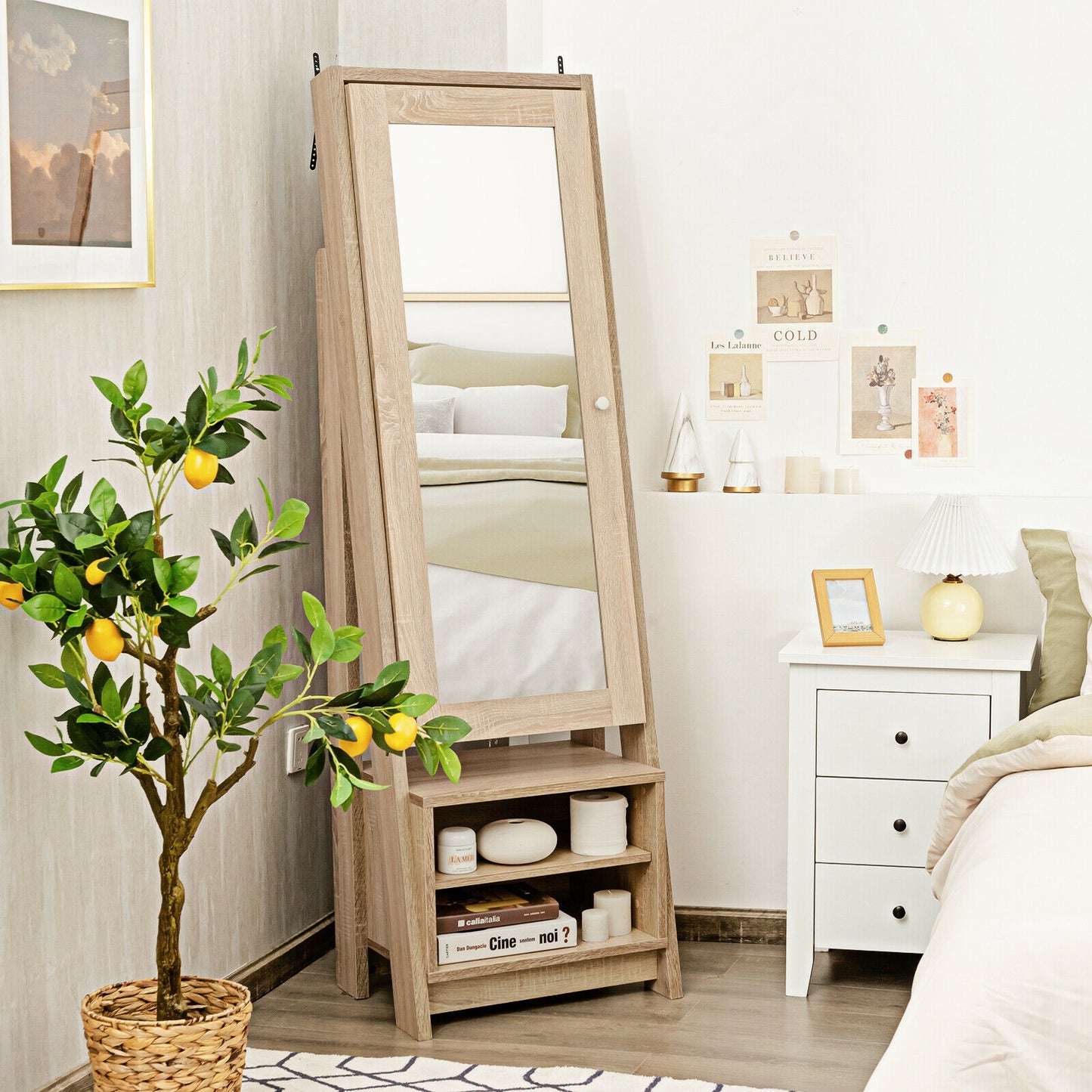 Freestanding Full-Length Mirror Jewelry Armoire with Bottom Storage Shelves