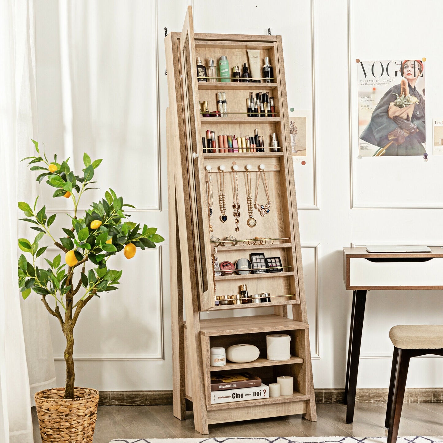 Freestanding Full-Length Mirror Jewelry Armoire with Bottom Storage Shelves