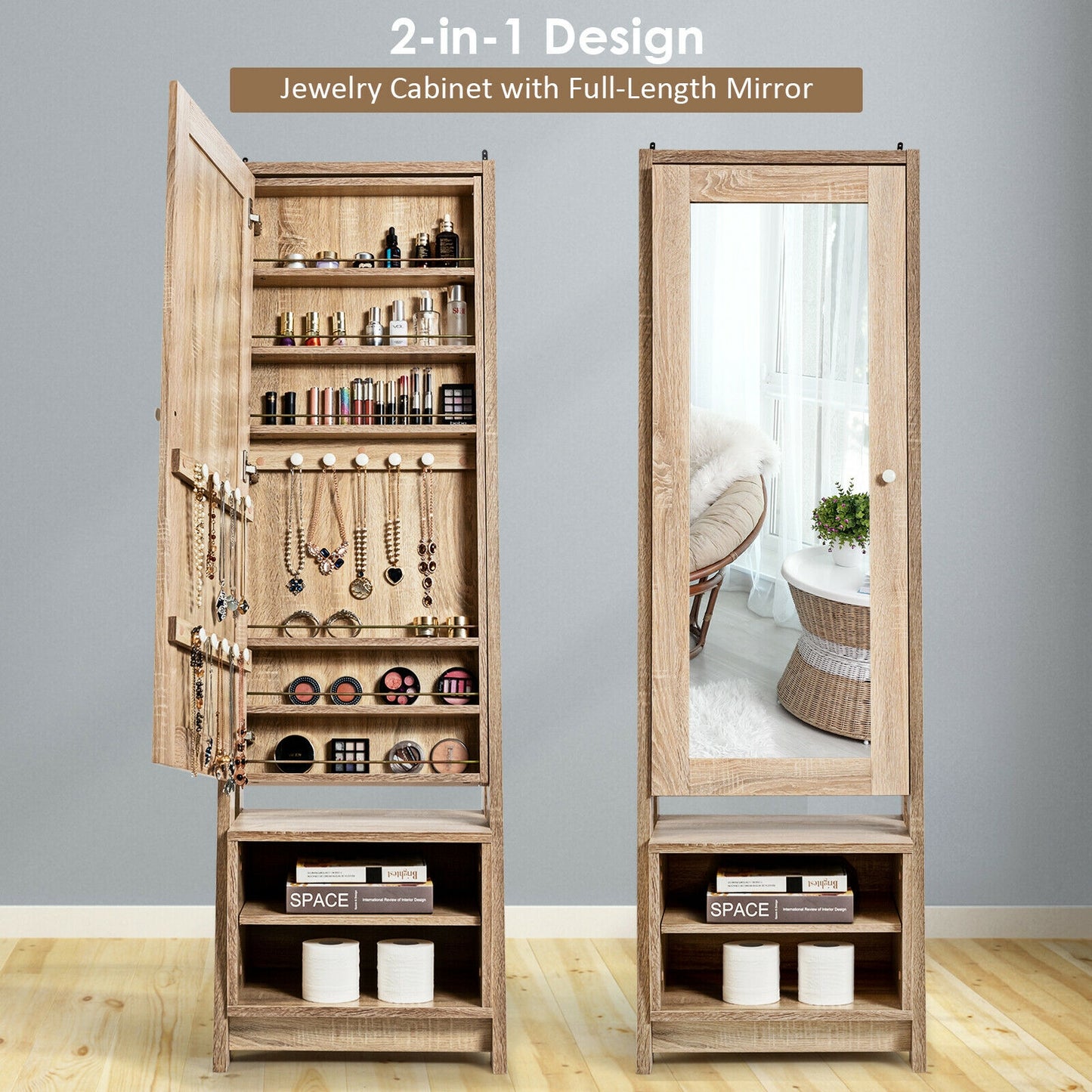 Freestanding Full-Length Mirror Jewelry Armoire with Bottom Storage Shelves