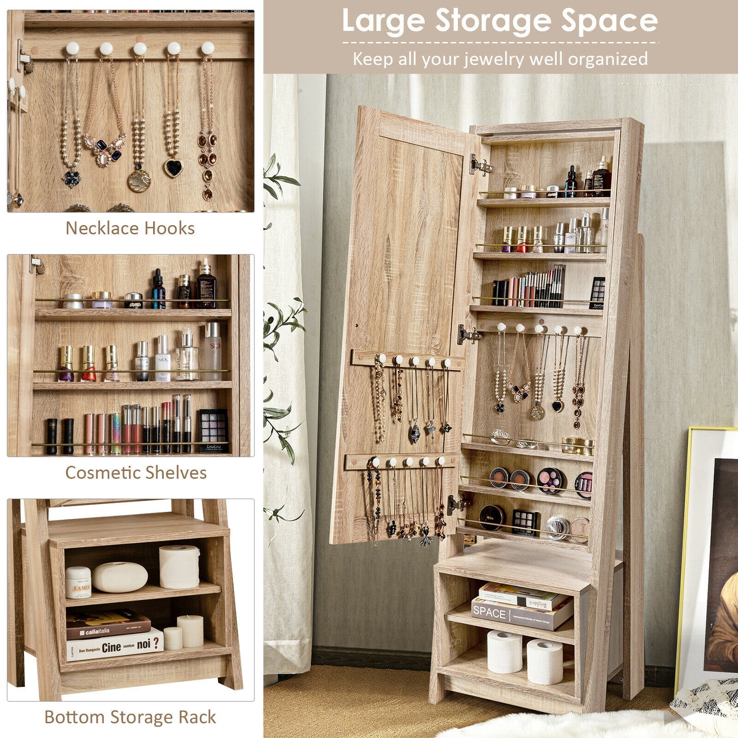 Freestanding Full-Length Mirror Jewelry Armoire with Bottom Storage Shelves