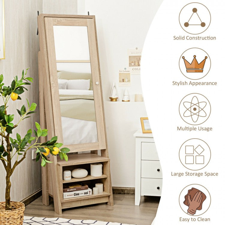 Freestanding Full-Length Mirror Jewelry Armoire with Bottom Storage Shelves