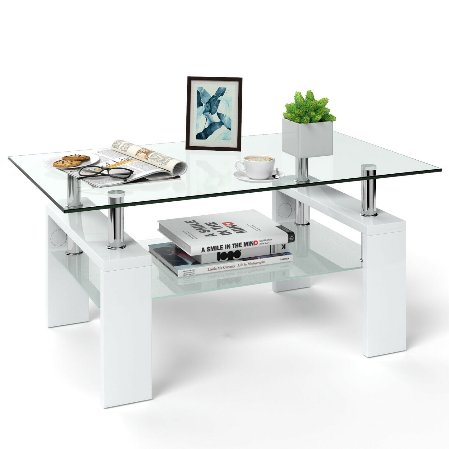 Tempered Glass Coffee Table with Two Tier Design and Wood Accents - White