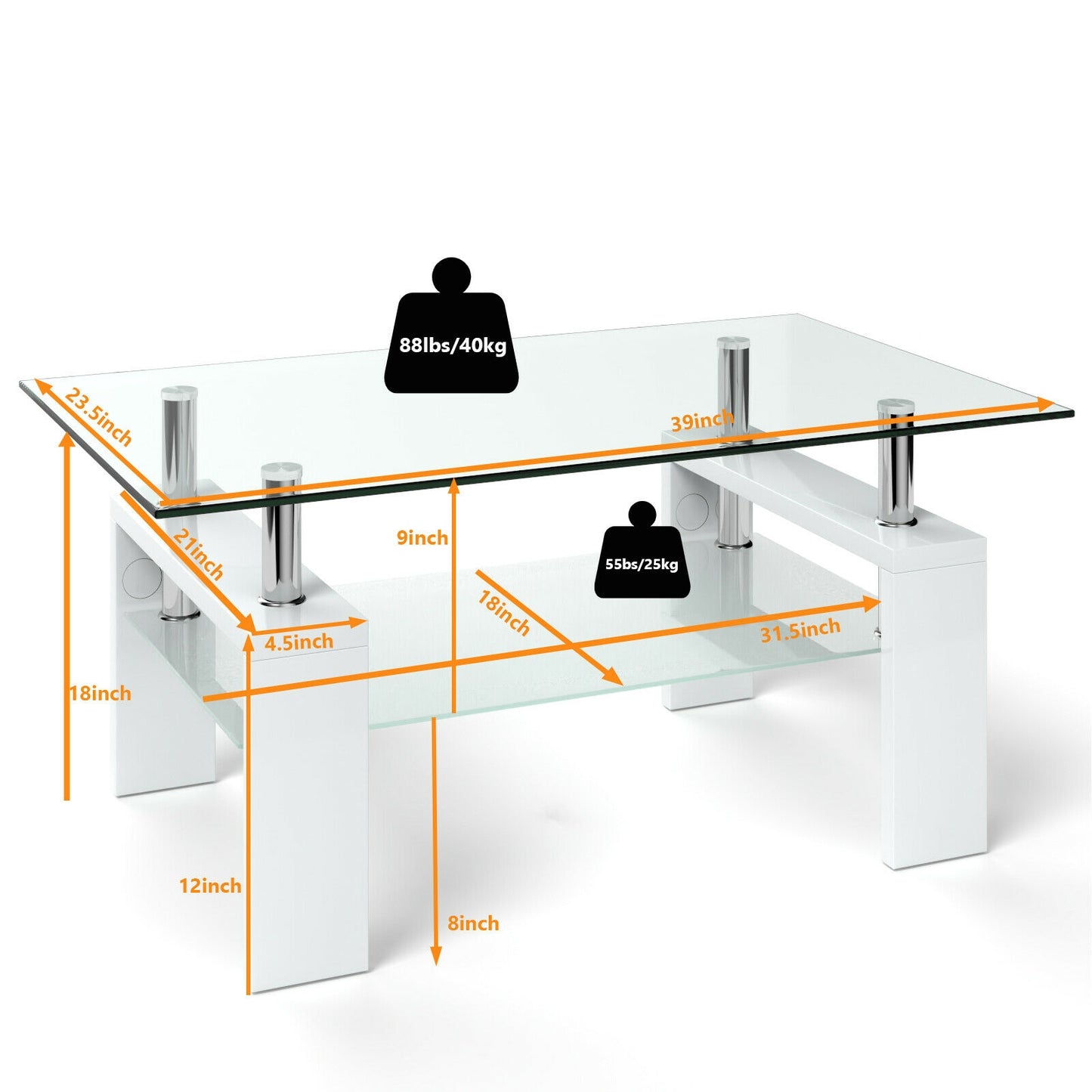 Tempered Glass Coffee Table with Two Tier Design and Wood Accents - White