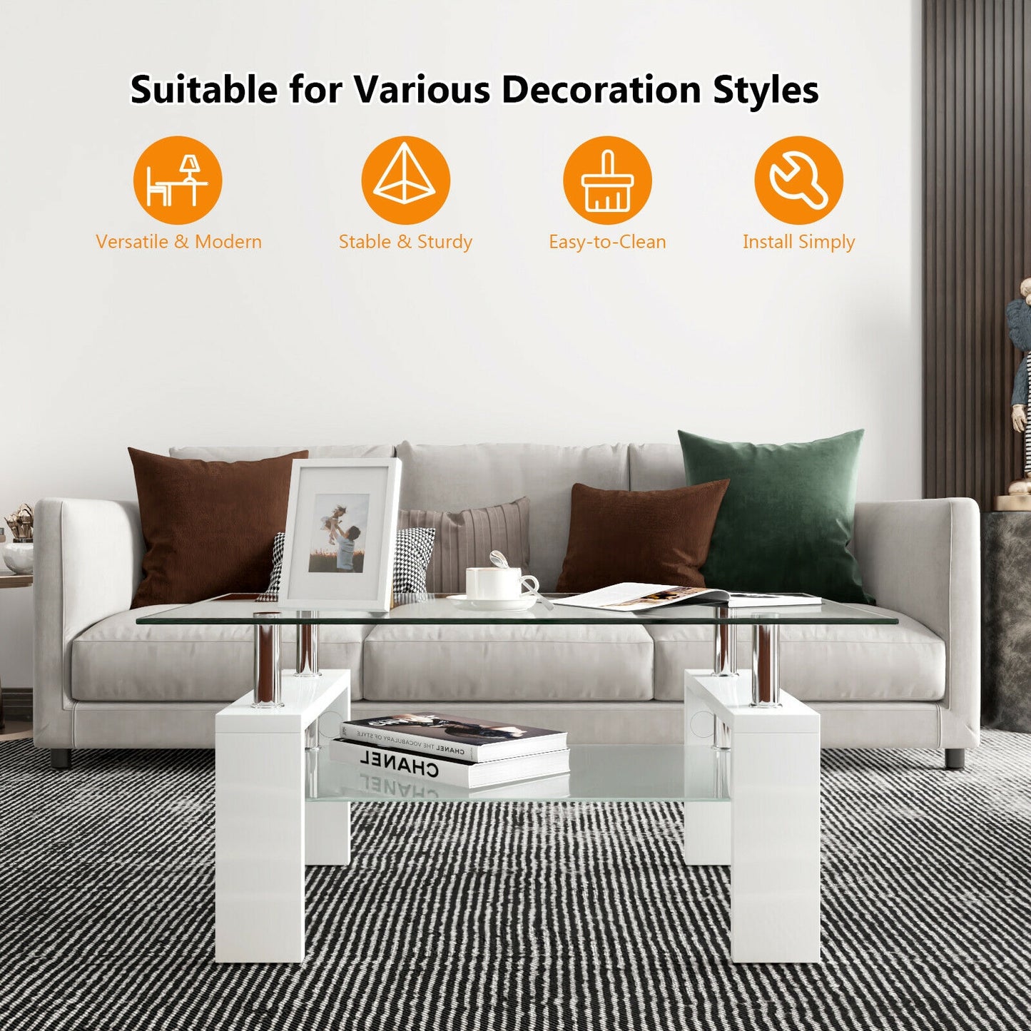 Tempered Glass Coffee Table with Two Tier Design and Wood Accents - White