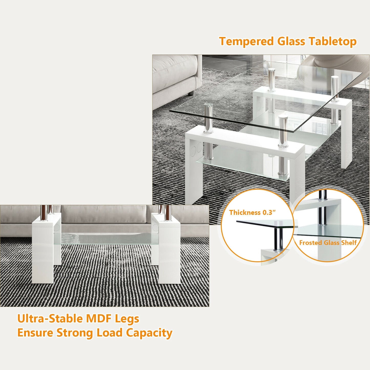Tempered Glass Coffee Table with Two Tier Design and Wood Accents - White