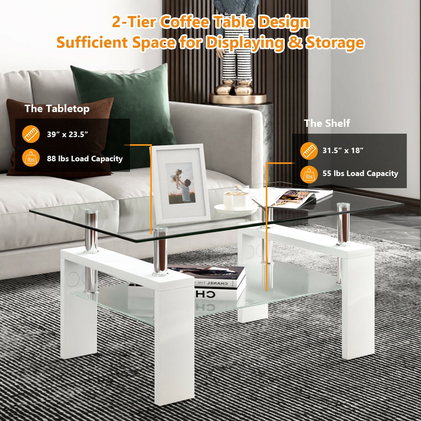 Tempered Glass Coffee Table with Two Tier Design and Wood Accents - White