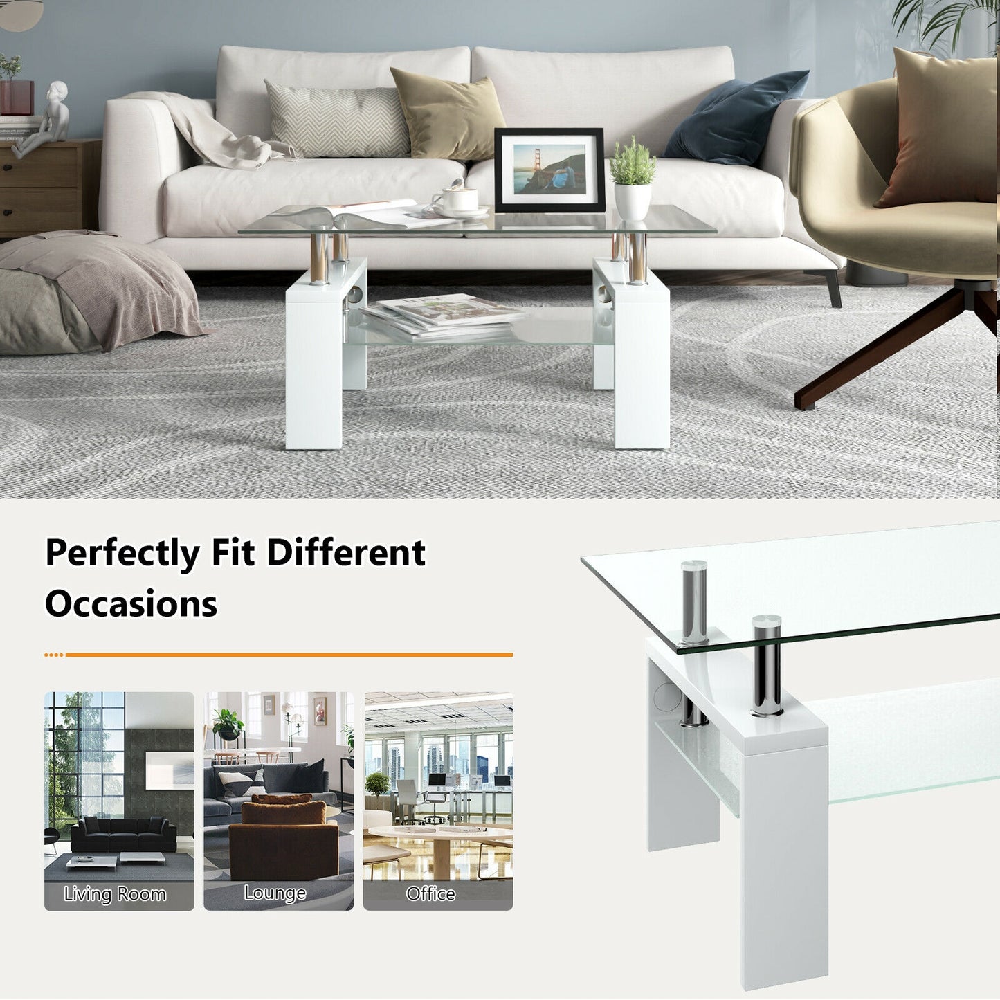 Tempered Glass Coffee Table with Two Tier Design and Wood Accents - White