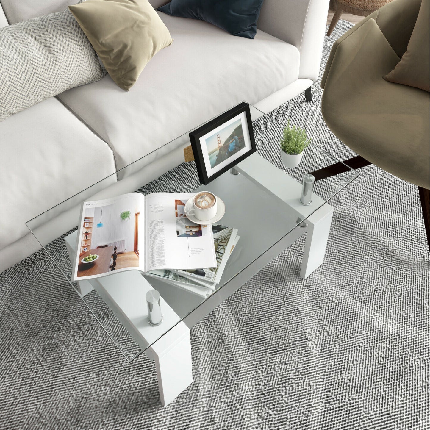 Tempered Glass Coffee Table with Two Tier Design and Wood Accents - White