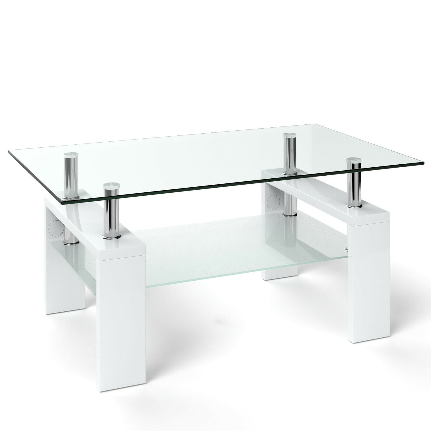Tempered Glass Coffee Table with Two Tier Design and Wood Accents - White
