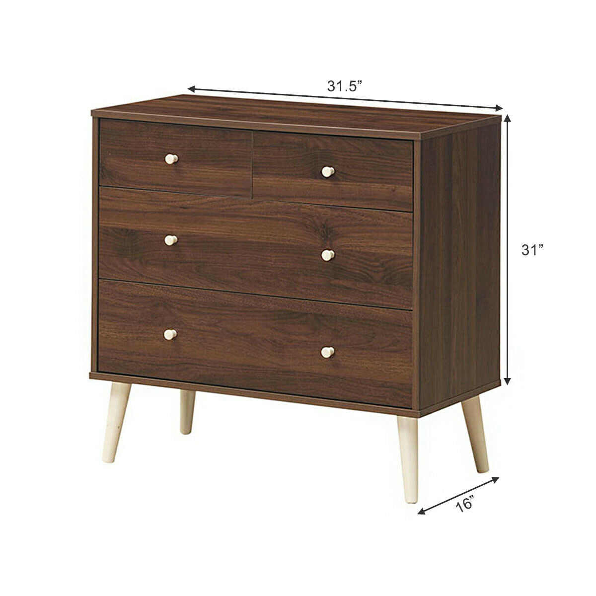 4-Drawer Wood Dresser Cabinet with Rubberwood Legs and Smooth Glide Rails – Brown