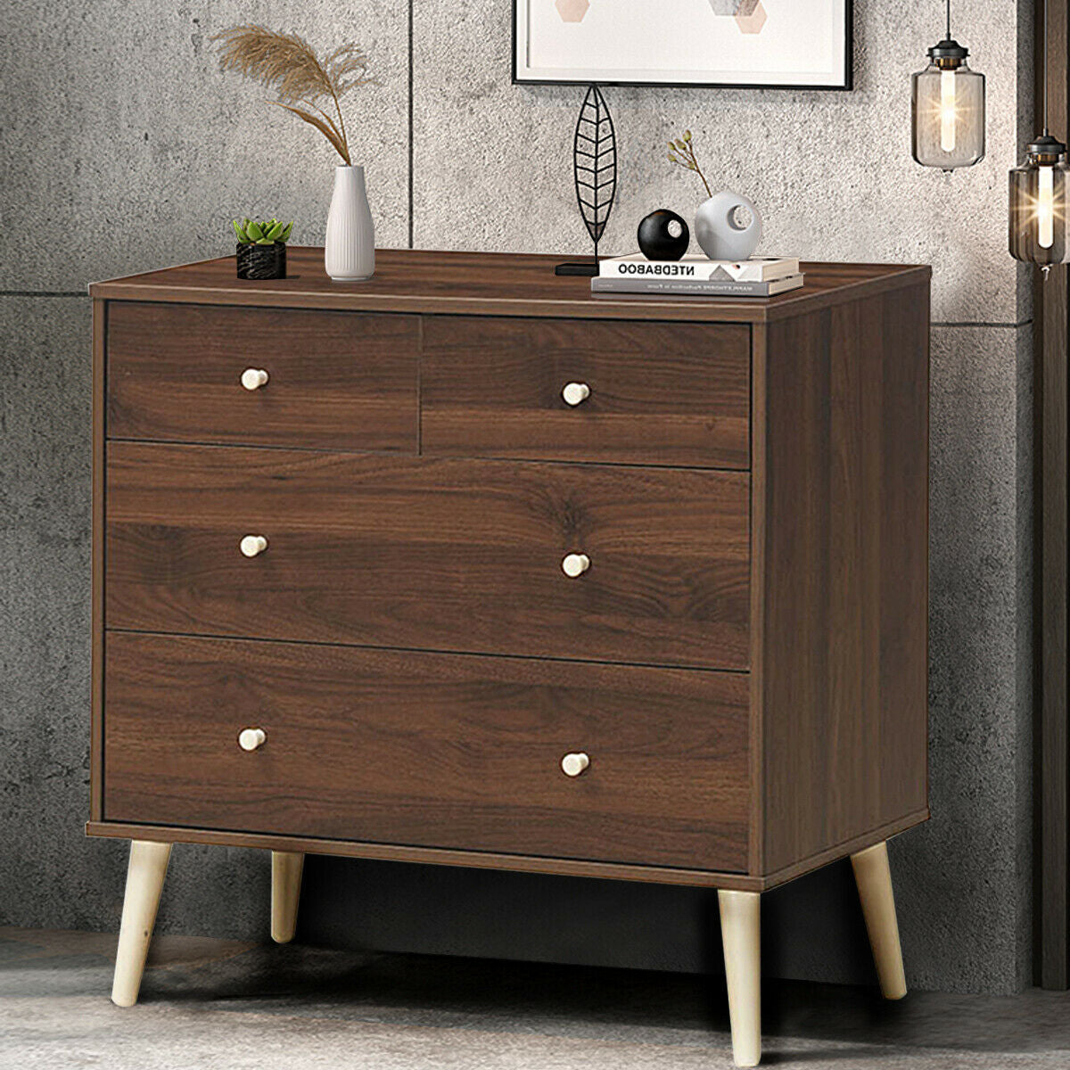 4-Drawer Wood Dresser Cabinet with Rubberwood Legs and Smooth Glide Rails – Brown
