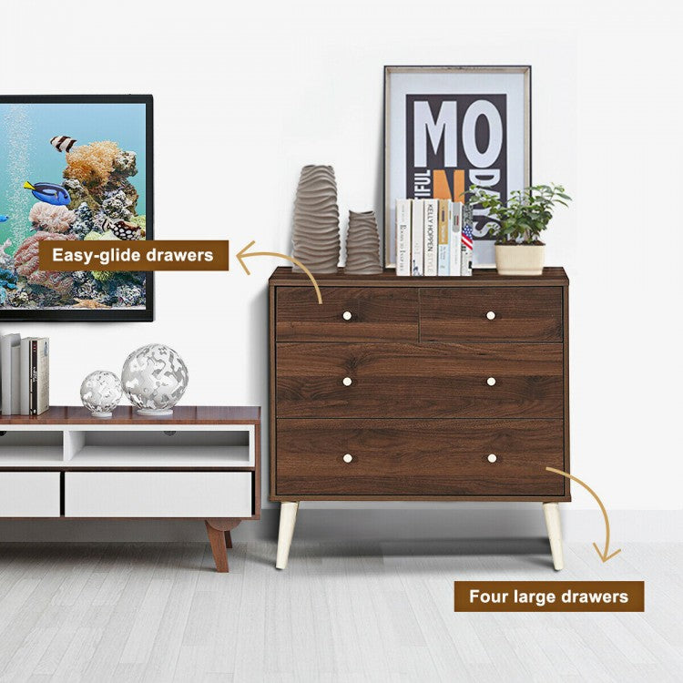 4-Drawer Wood Dresser Cabinet with Rubberwood Legs and Smooth Glide Rails – Brown