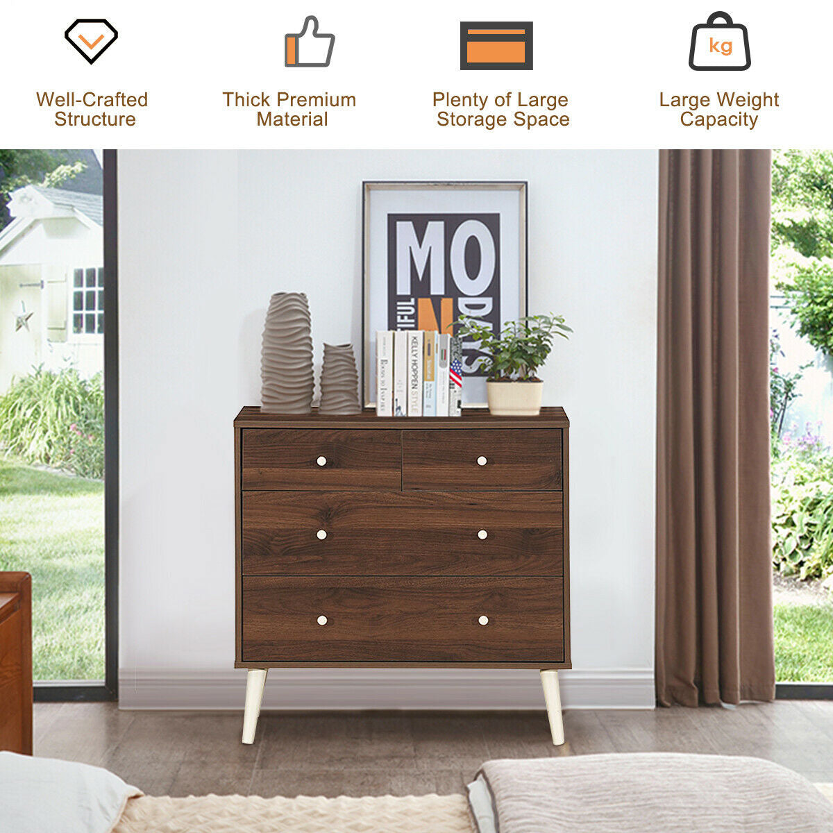 4-Drawer Wood Dresser Cabinet with Rubberwood Legs and Smooth Glide Rails – Brown