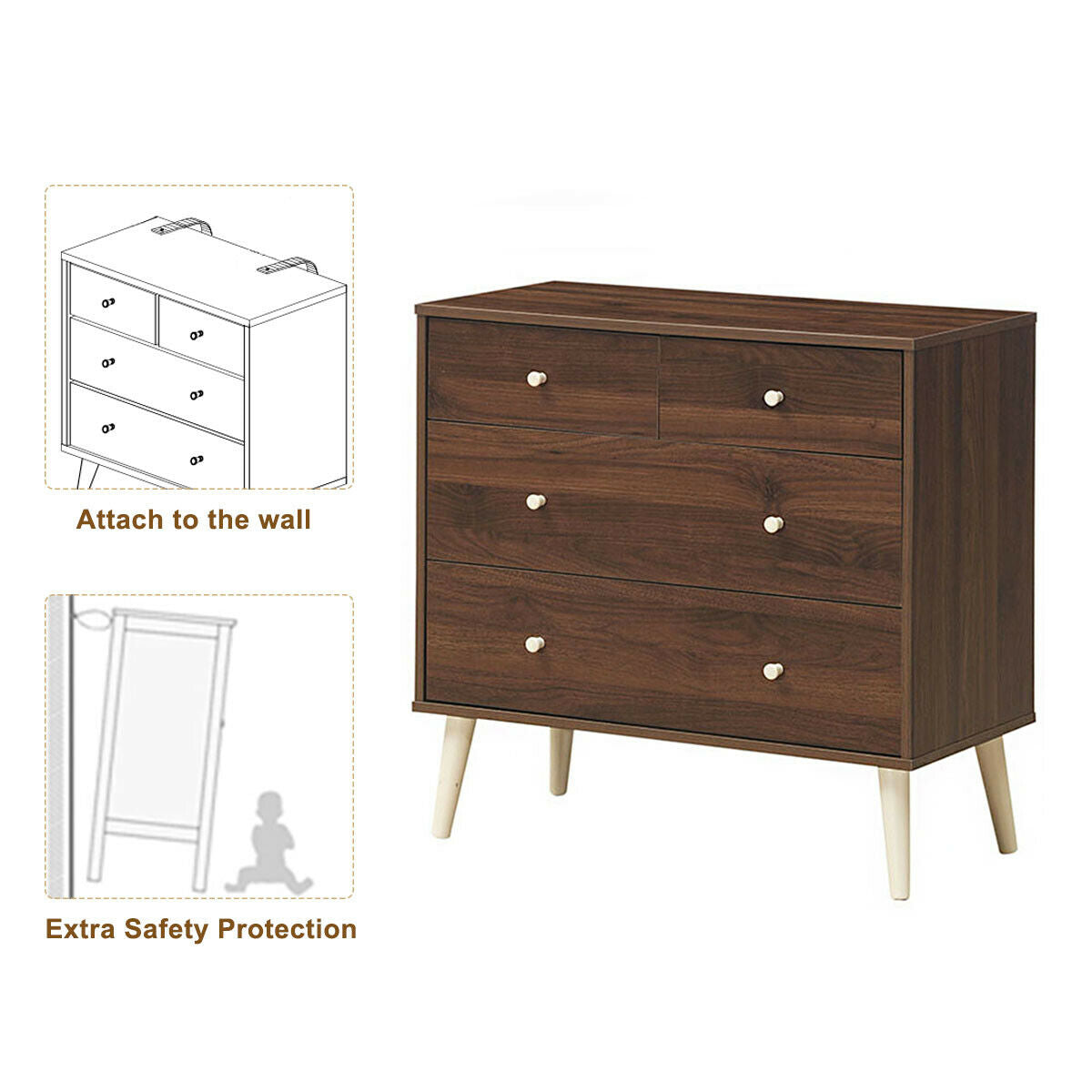 4-Drawer Wood Dresser Cabinet with Rubberwood Legs and Smooth Glide Rails – Brown