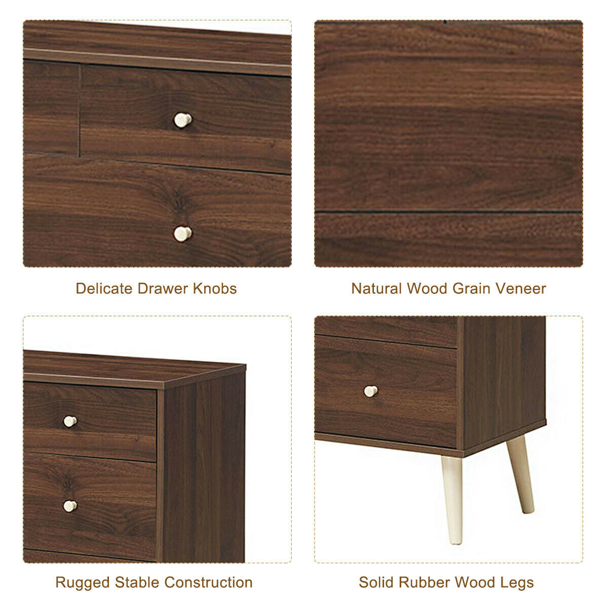 4-Drawer Wood Dresser Cabinet with Rubberwood Legs and Smooth Glide Rails – Brown