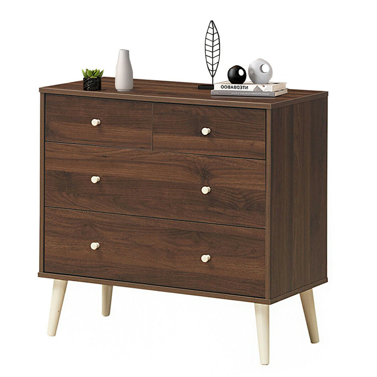 4-Drawer Wood Dresser Cabinet with Rubberwood Legs and Smooth Glide Rails – Brown