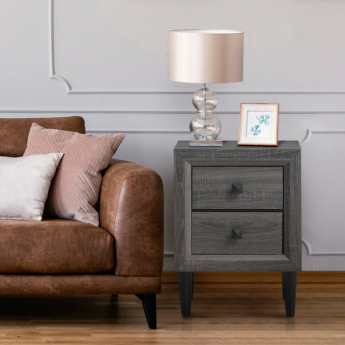 Multipurpose Retro Bedside Nightstand with 2 Drawers – Grey End Table