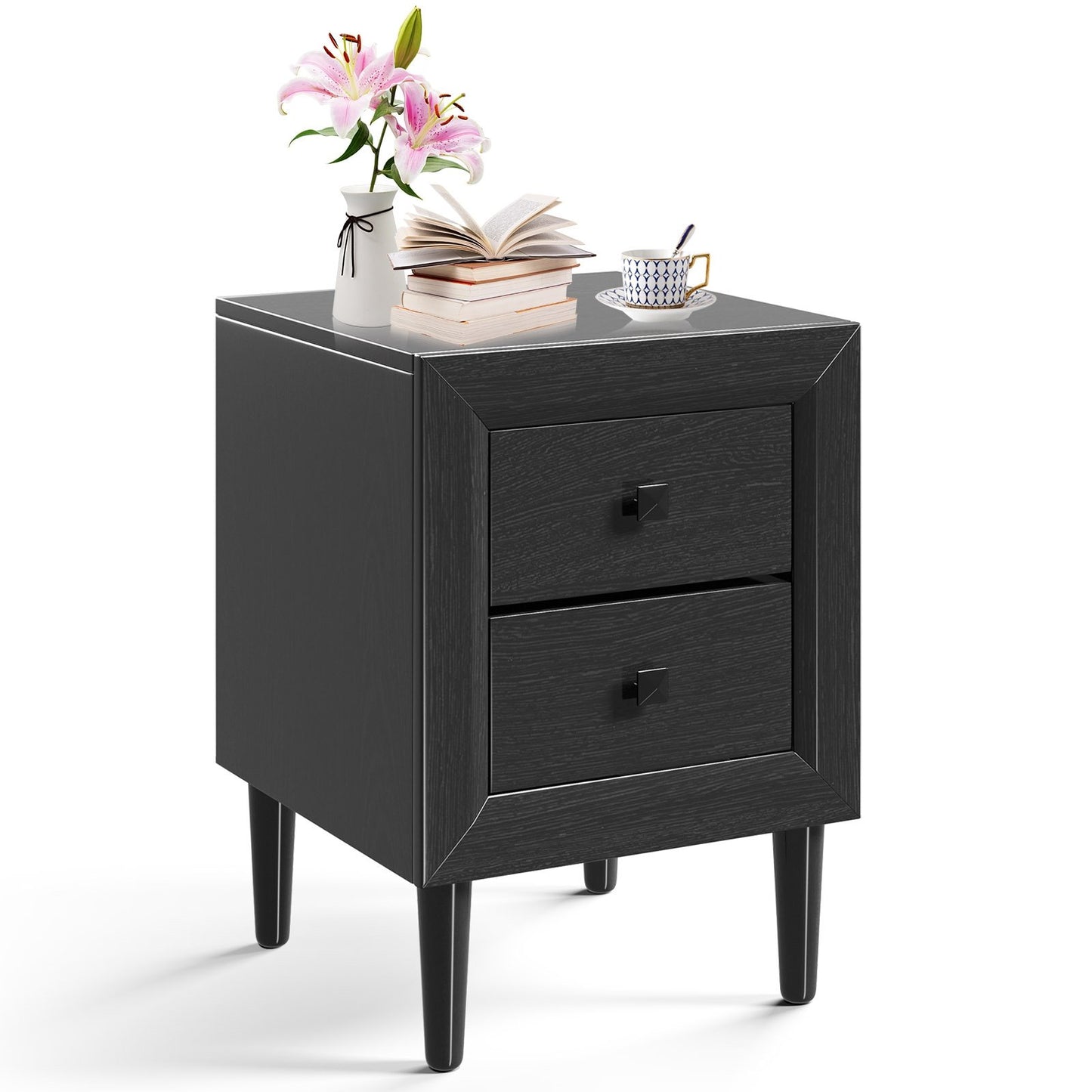 Multipurpose Retro Bedside Nightstand with 2 Drawers – Black End Table