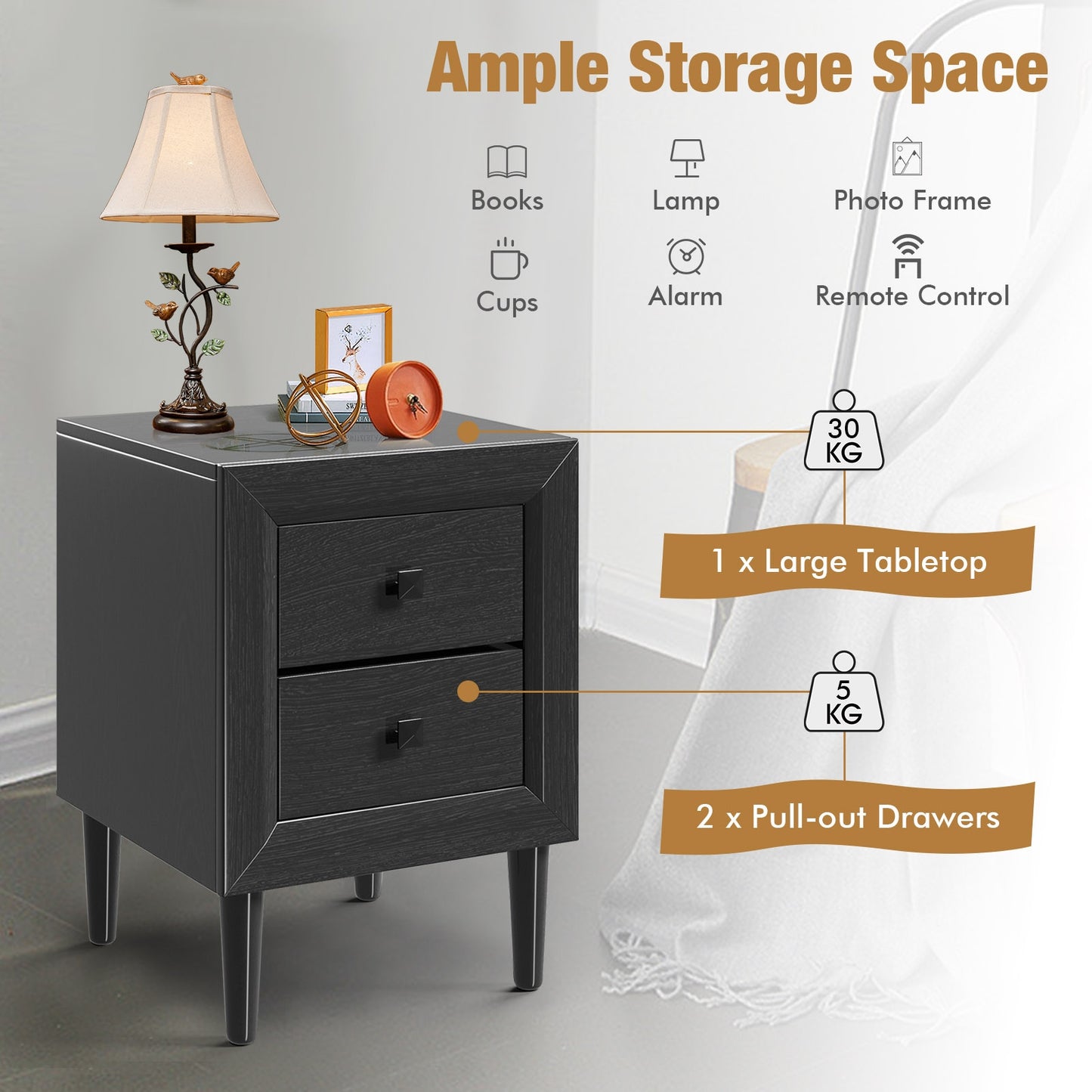 Multipurpose Retro Bedside Nightstand with 2 Drawers – Black End Table