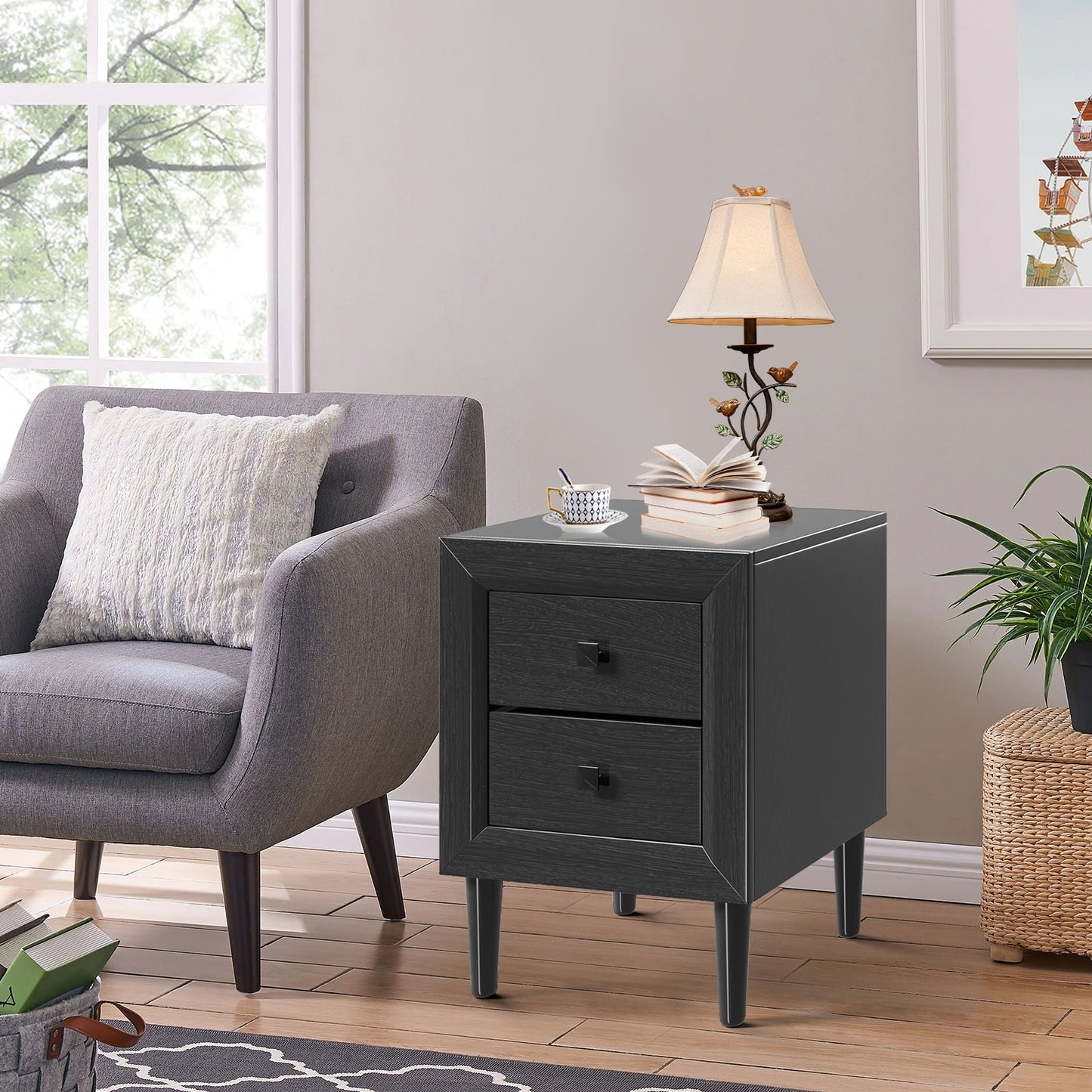 Multipurpose Retro Bedside Nightstand with 2 Drawers – Black End Table