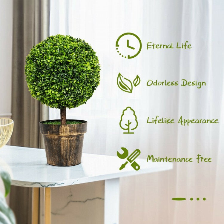 Set of 2 - 24 Inch Artificial Boxwood Topiary Ball Trees for Home & Office Décor