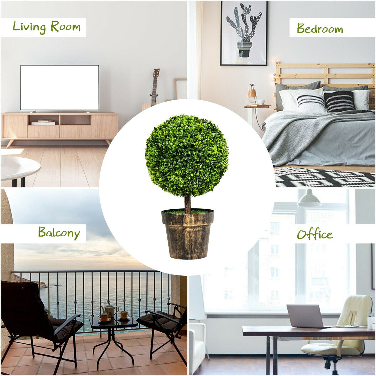 Set of 2 - 24 Inch Artificial Boxwood Topiary Ball Trees for Home & Office Décor