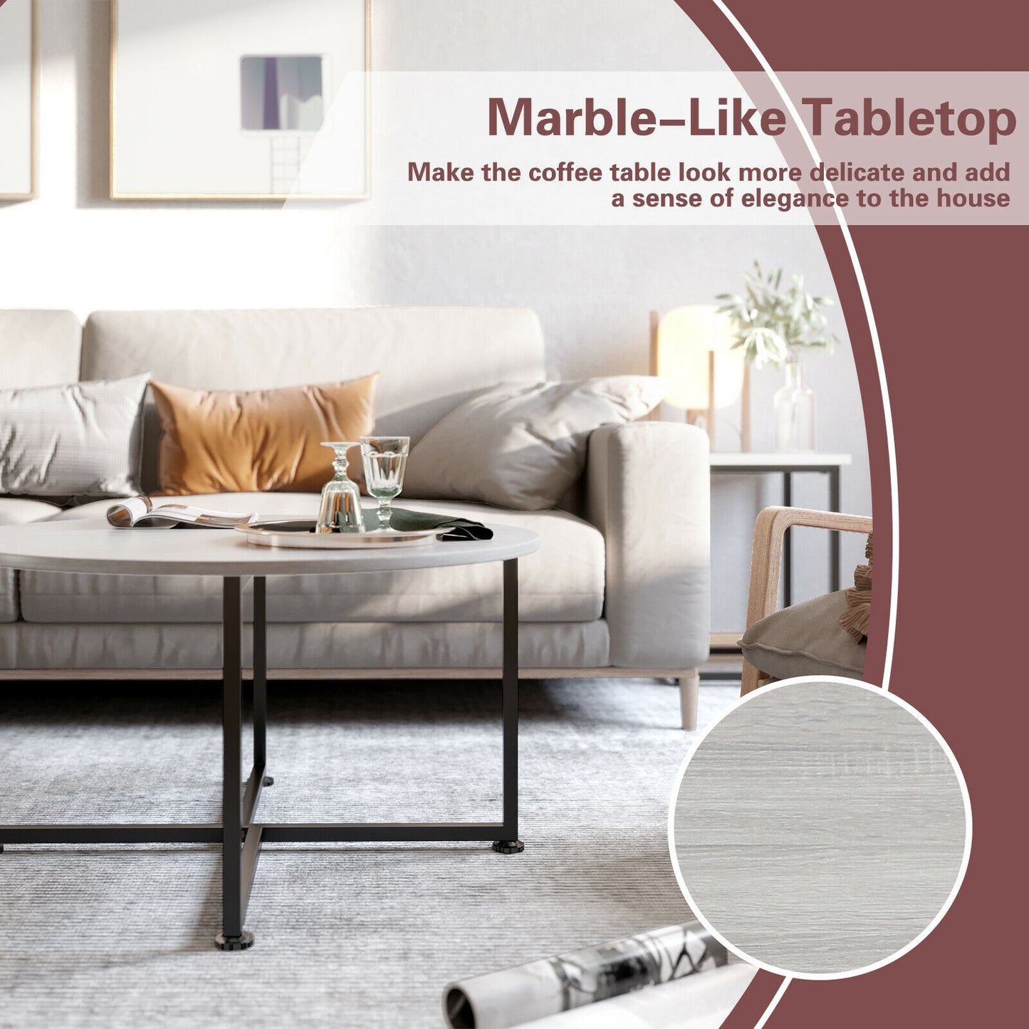 3 Piece Faux Marble Coffee Table Set with Round and Rectangular Tables - Natural