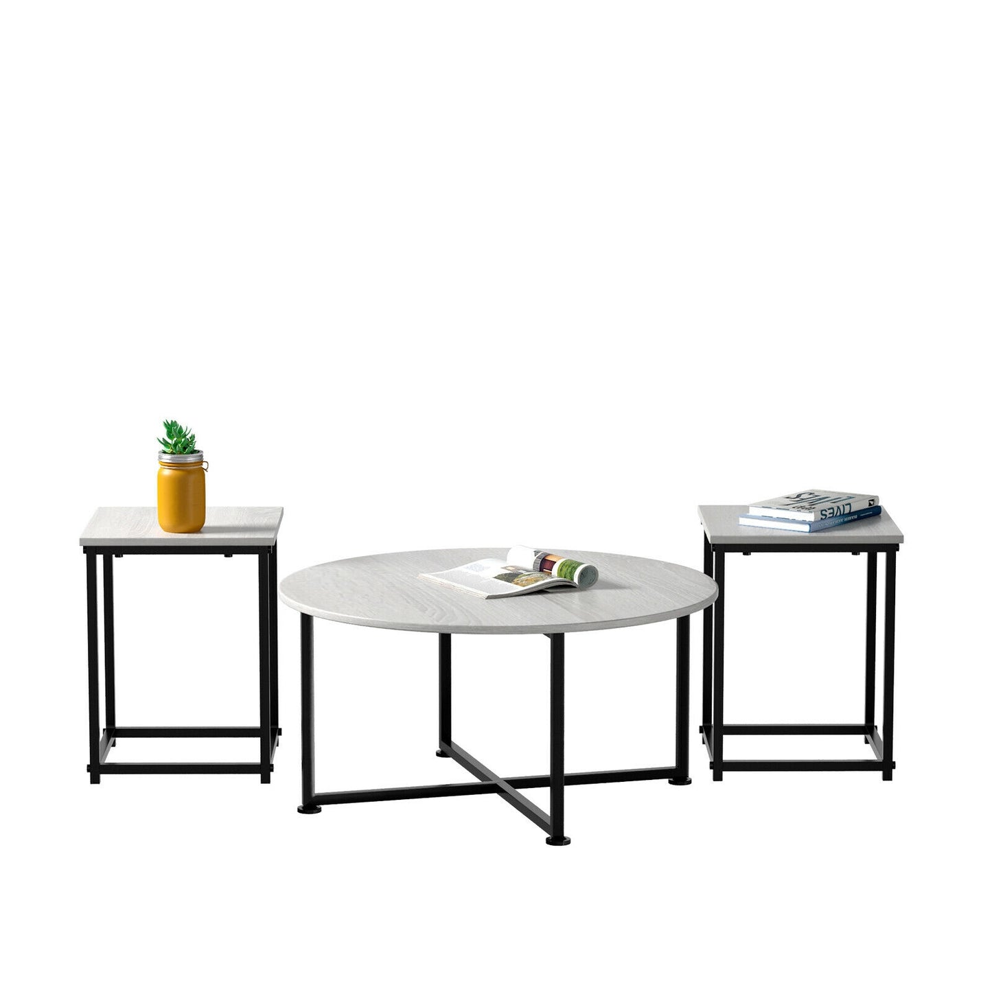 3 Piece Faux Marble Coffee Table Set with Round and Rectangular Tables - Natural