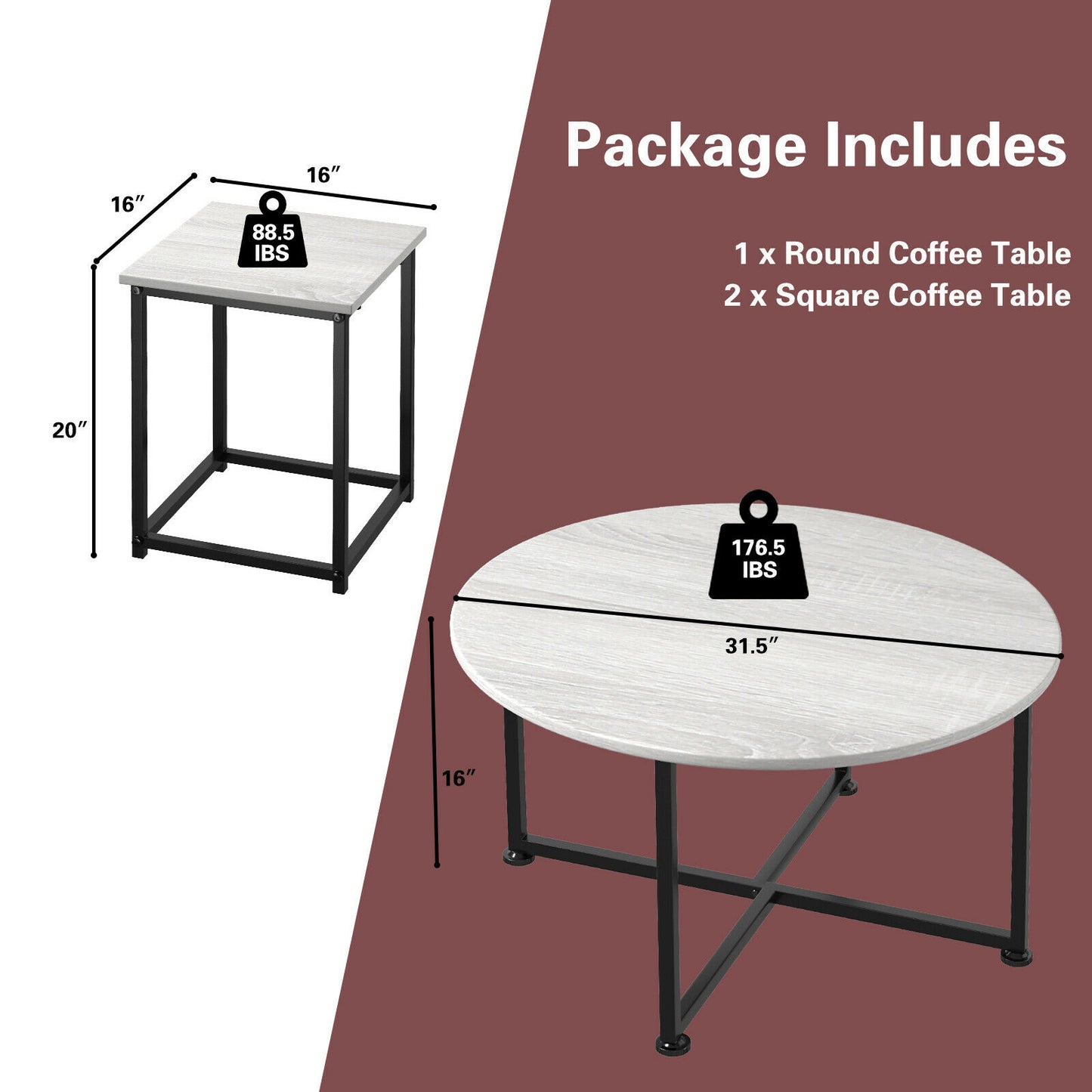 3 Piece Faux Marble Coffee Table Set with Round and Rectangular Tables - Natural