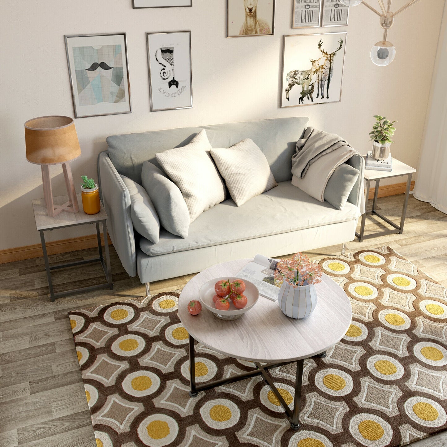 3 Piece Faux Marble Coffee Table Set with Round and Rectangular Tables - Natural