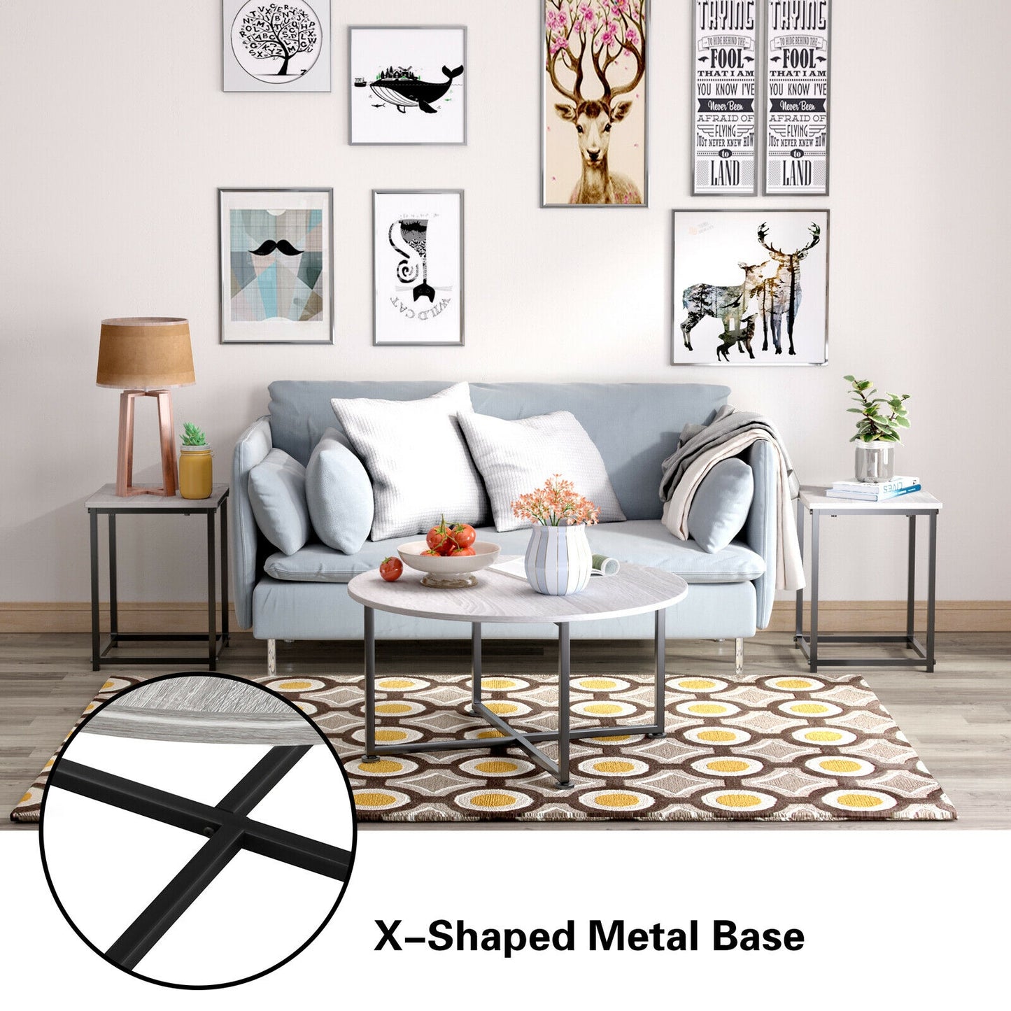 3 Piece Faux Marble Coffee Table Set with Round and Rectangular Tables - Natural