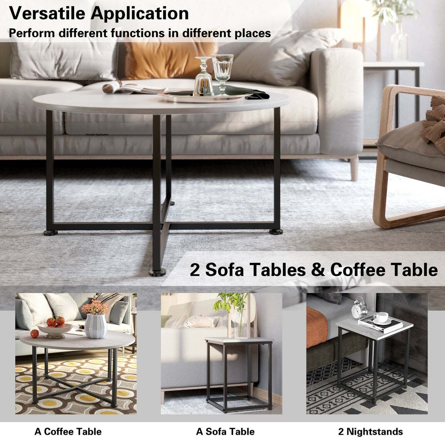 3 Piece Faux Marble Coffee Table Set with Round and Rectangular Tables - Natural