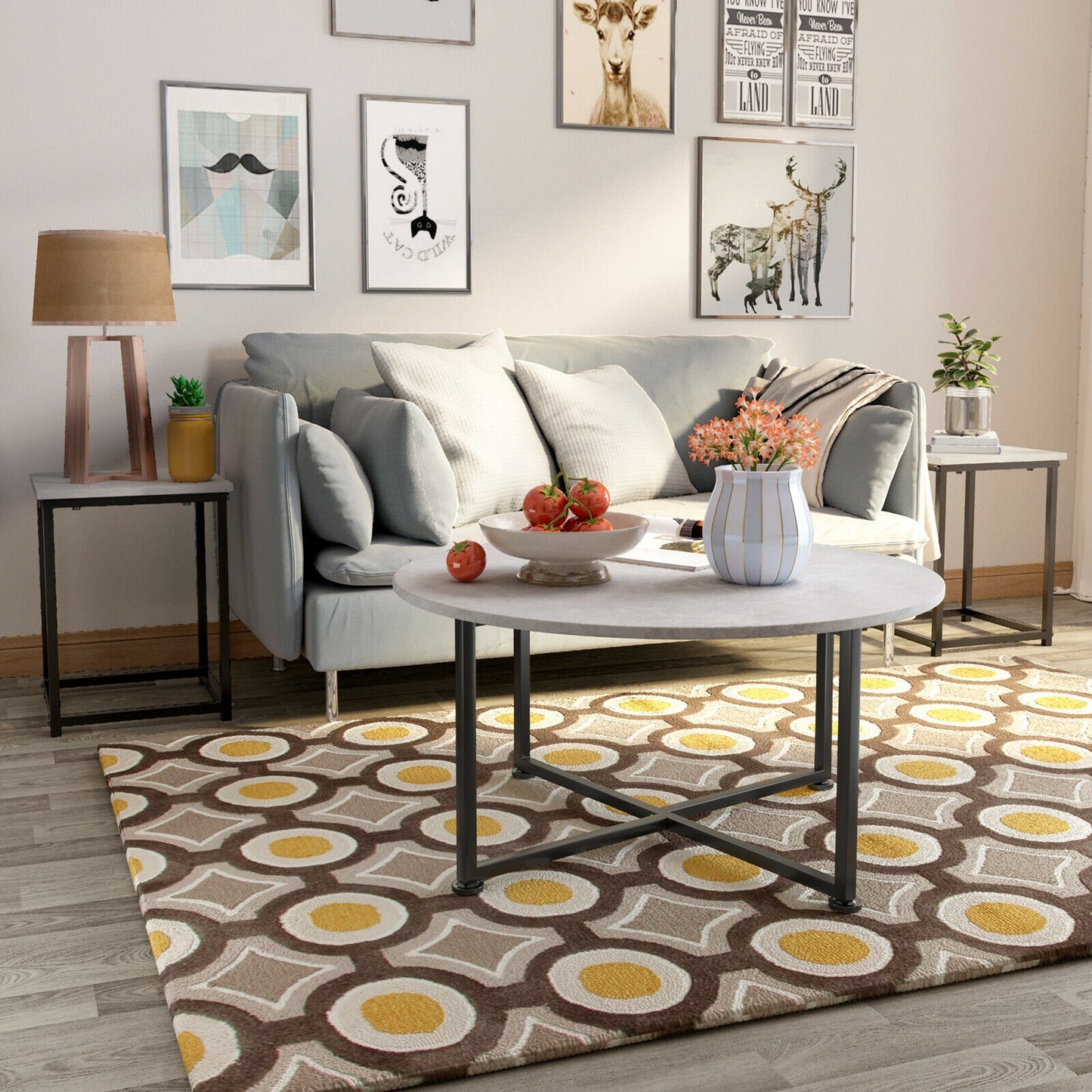 3 Piece Faux Marble Coffee Table Set with Round and Rectangular Tables - Grey