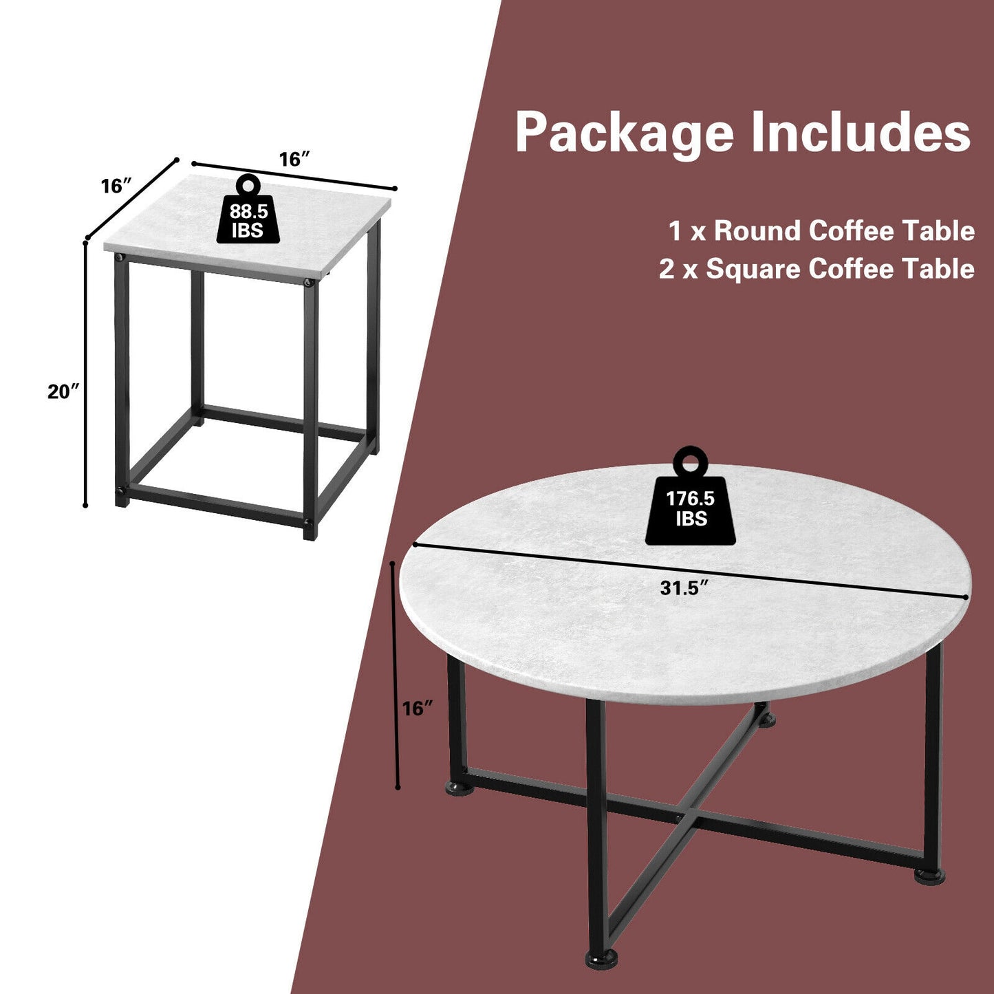 3 Piece Faux Marble Coffee Table Set with Round and Rectangular Tables - Grey