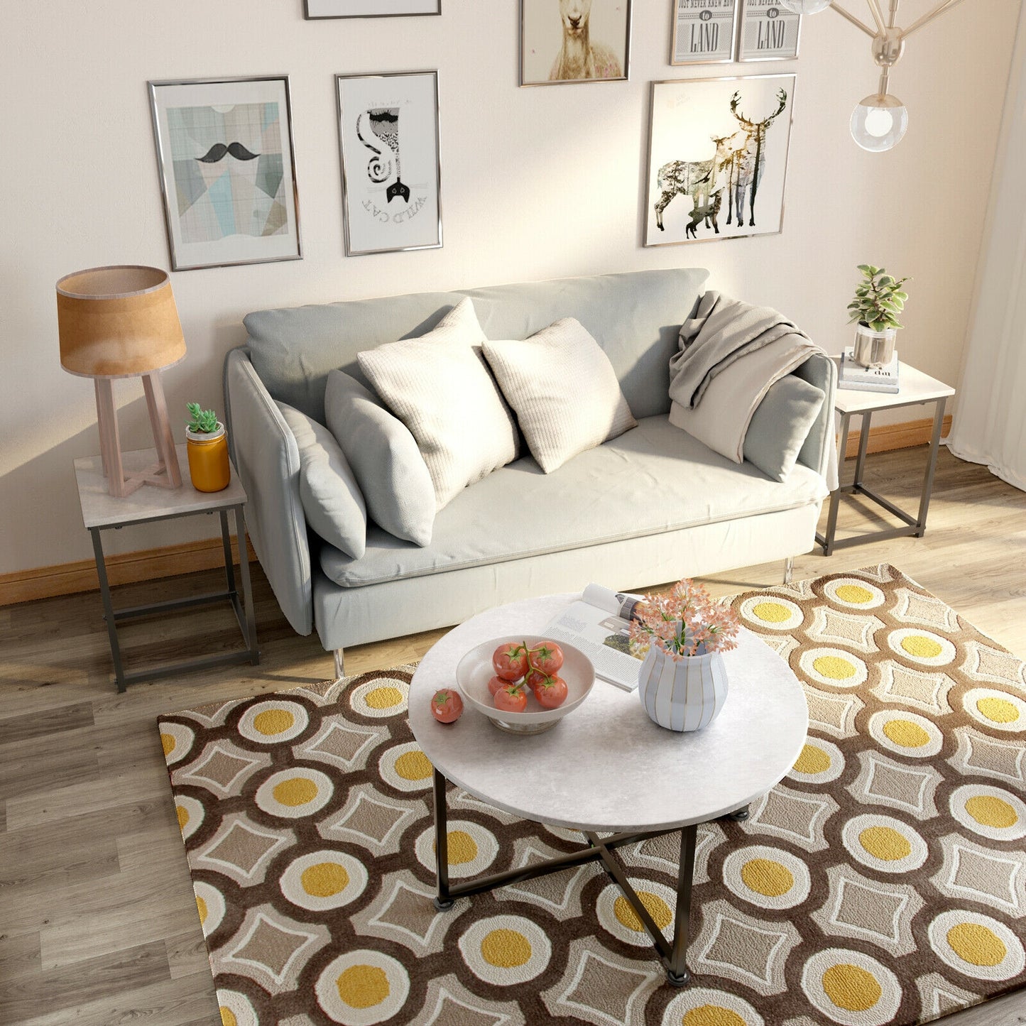 3 Piece Faux Marble Coffee Table Set with Round and Rectangular Tables - Grey
