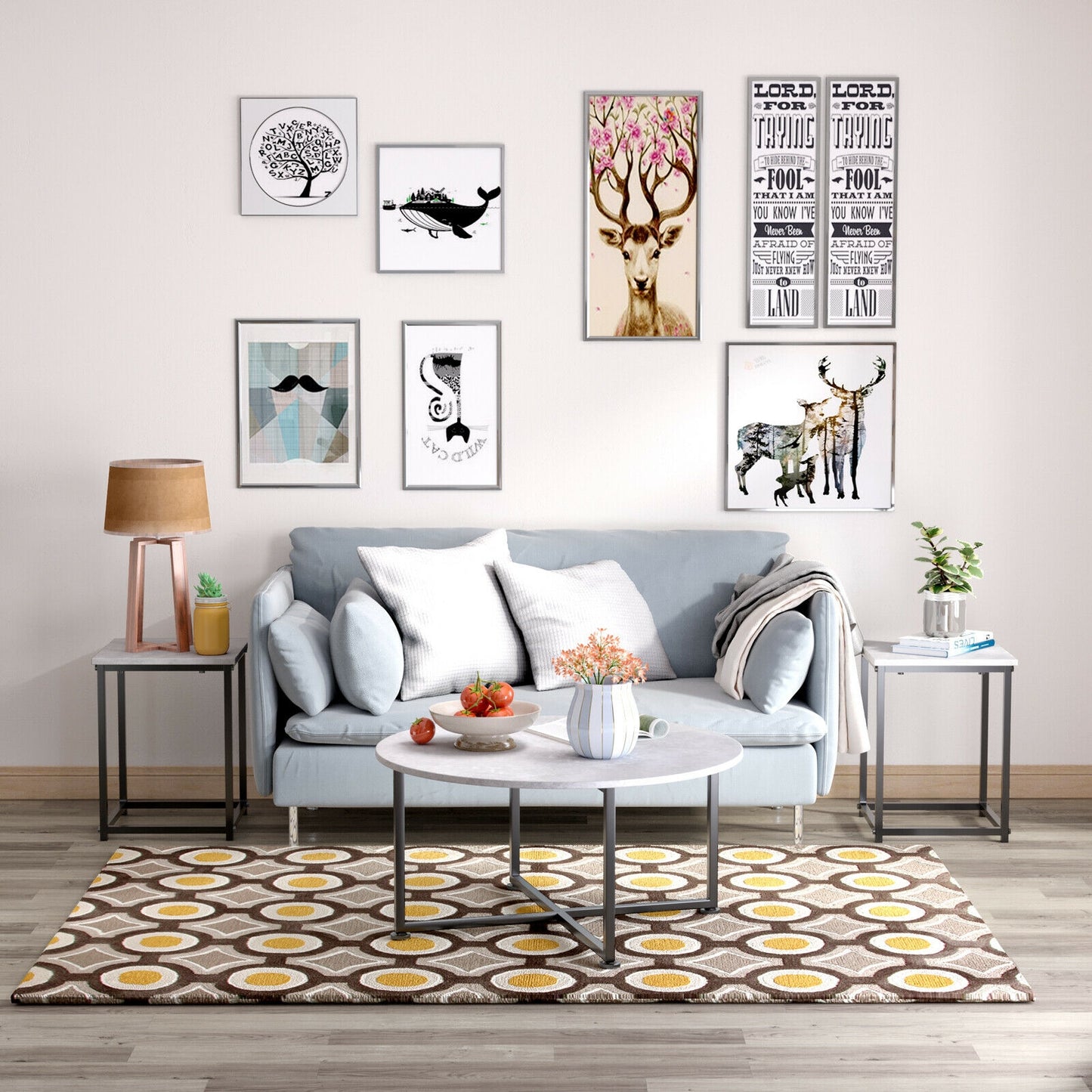 3 Piece Faux Marble Coffee Table Set with Round and Rectangular Tables - Grey