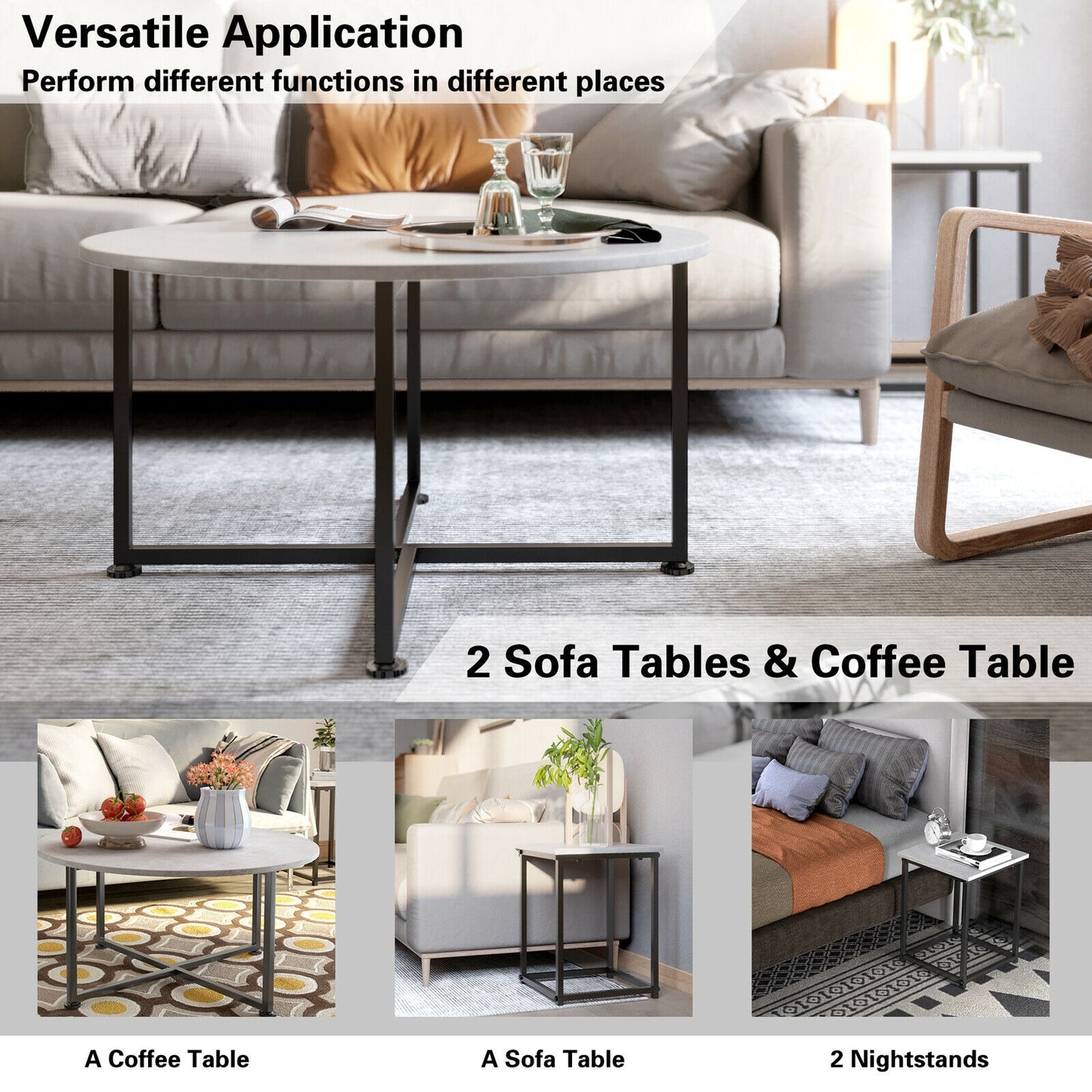3 Piece Faux Marble Coffee Table Set with Round and Rectangular Tables - Grey