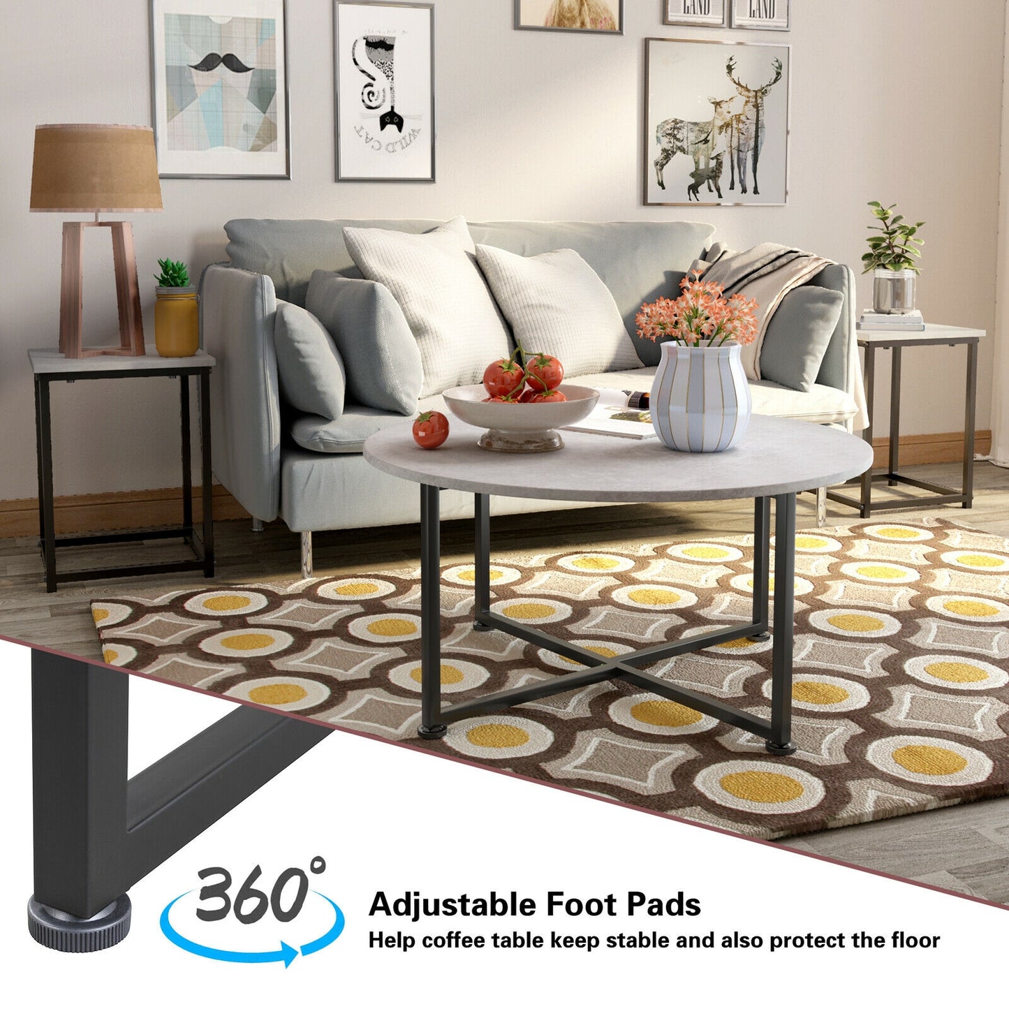 3 Piece Faux Marble Coffee Table Set with Round and Rectangular Tables - Grey