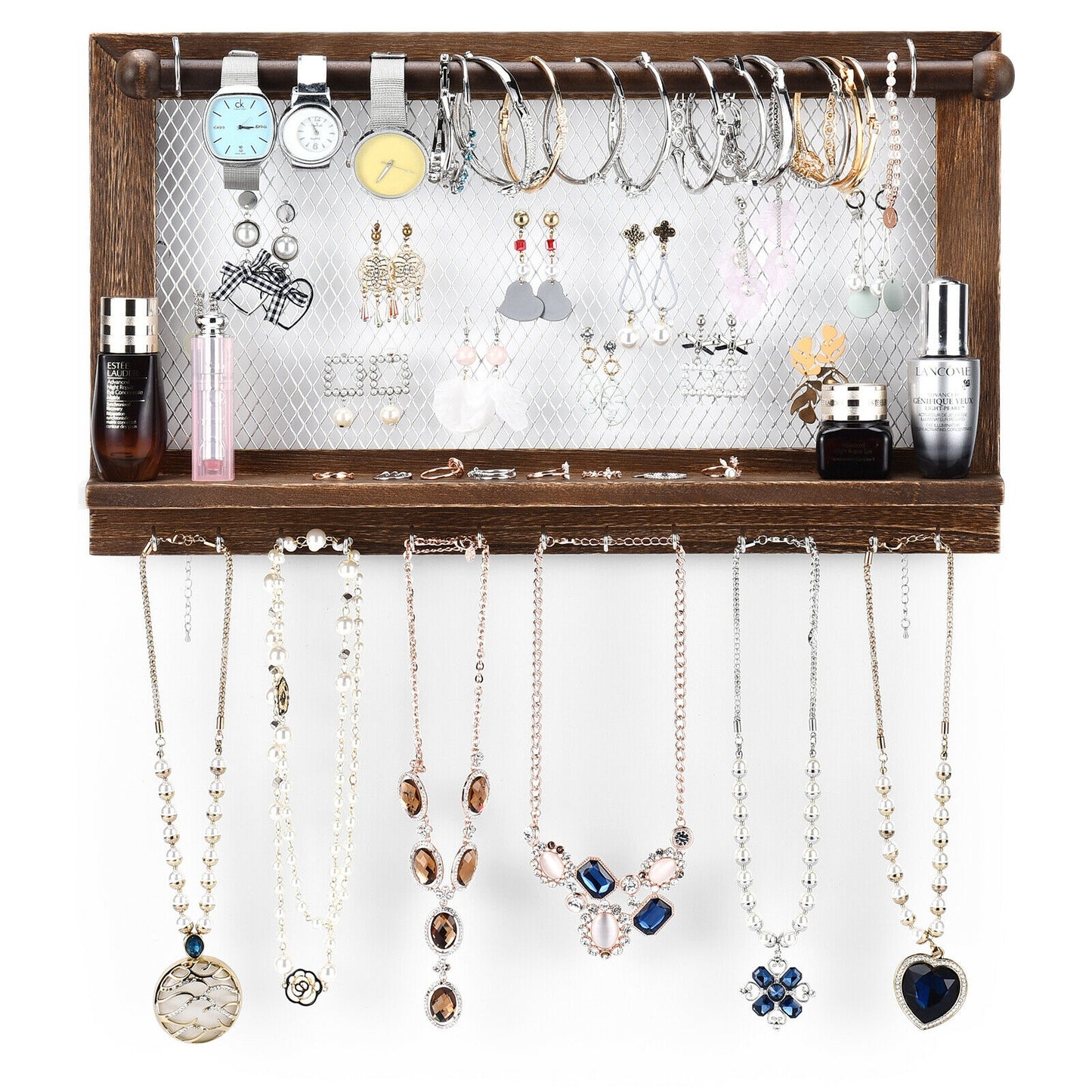 Wall Mounted Jewelry Storage Rack with Hooks, Mesh, Shelf and Rod