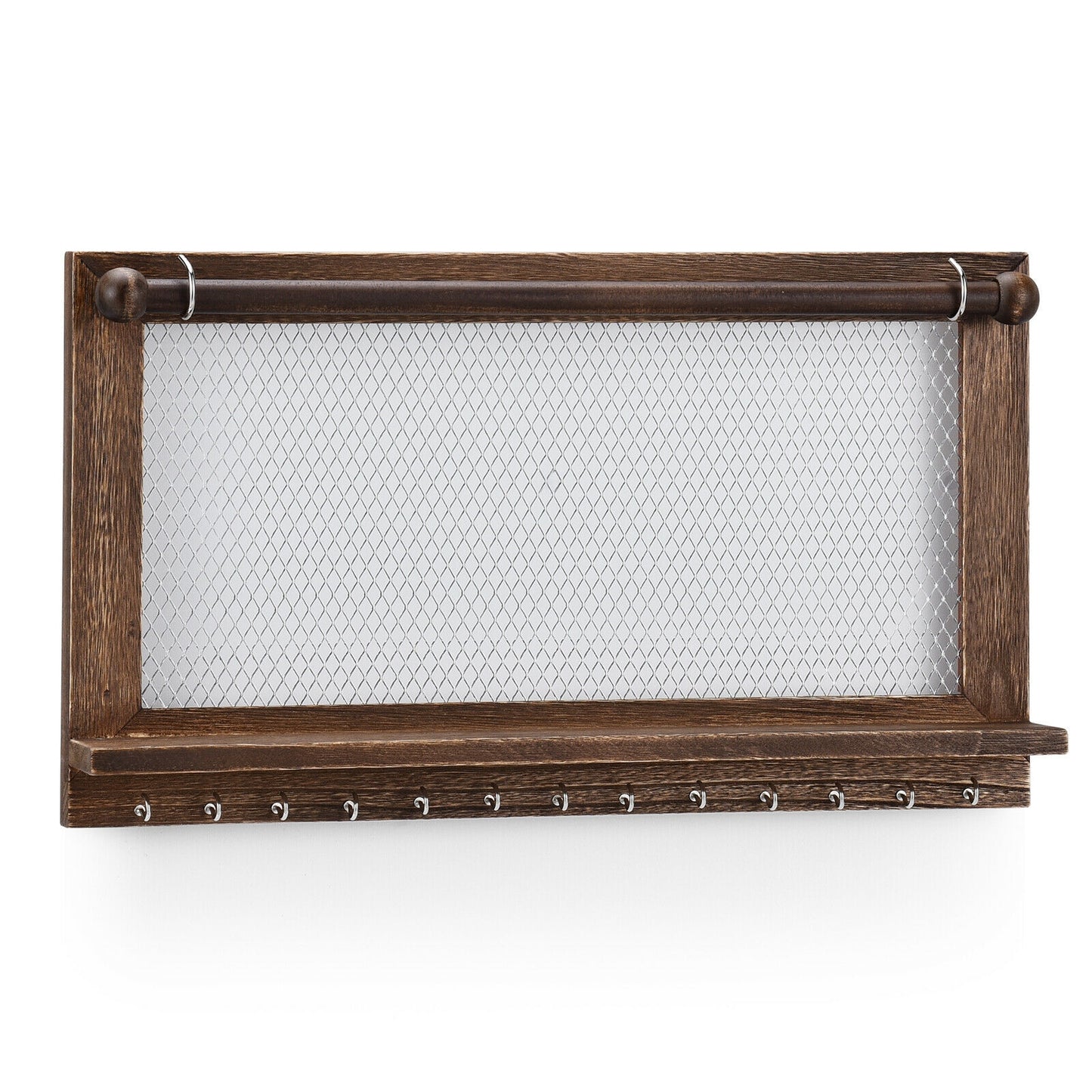 Wall Mounted Jewelry Storage Rack with Hooks, Mesh, Shelf and Rod