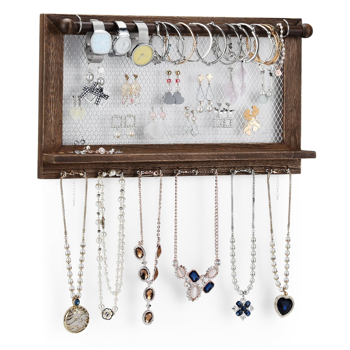 Wall Mounted Jewelry Storage Rack with Hooks, Mesh, Shelf and Rod