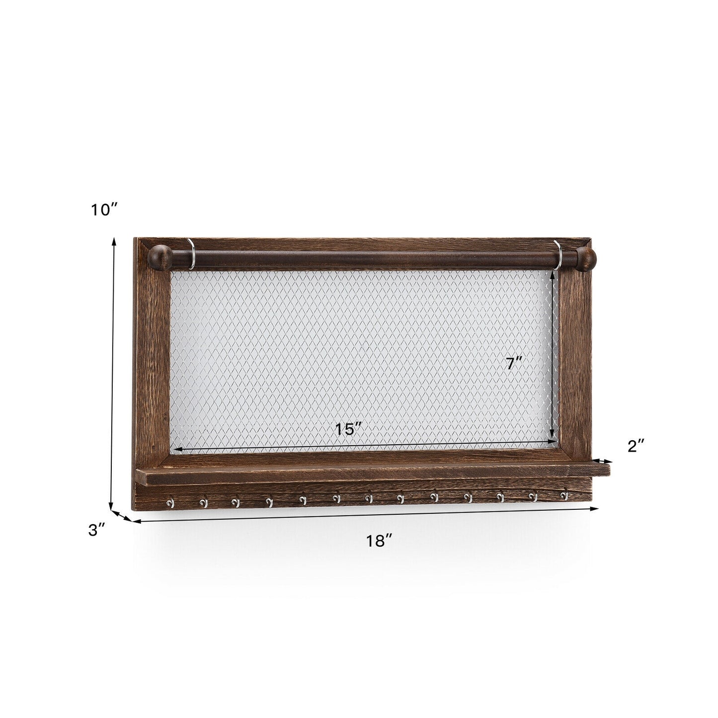 Wall Mounted Jewelry Storage Rack with Hooks, Mesh, Shelf and Rod
