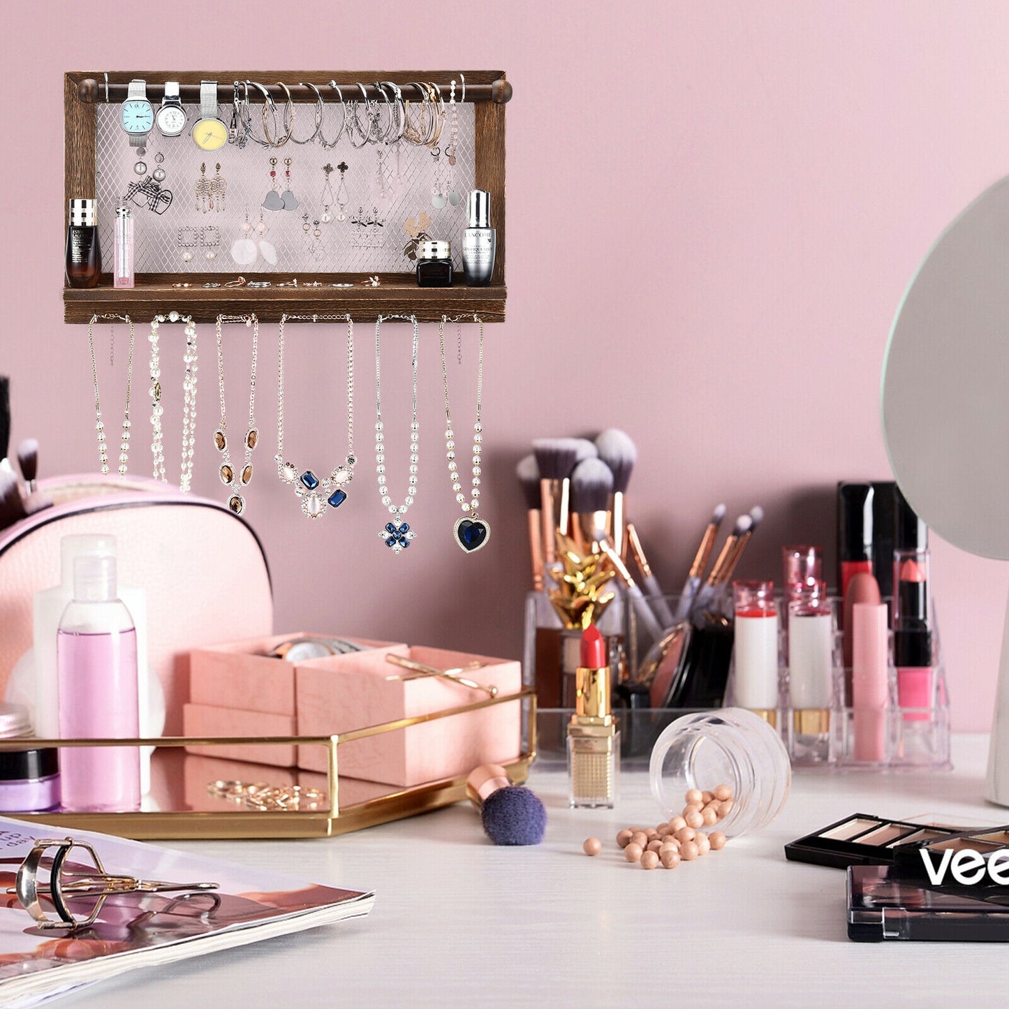 Wall Mounted Jewelry Storage Rack with Hooks, Mesh, Shelf and Rod