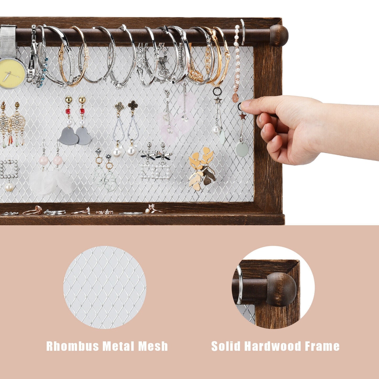 Wall Mounted Jewelry Storage Rack with Hooks, Mesh, Shelf and Rod