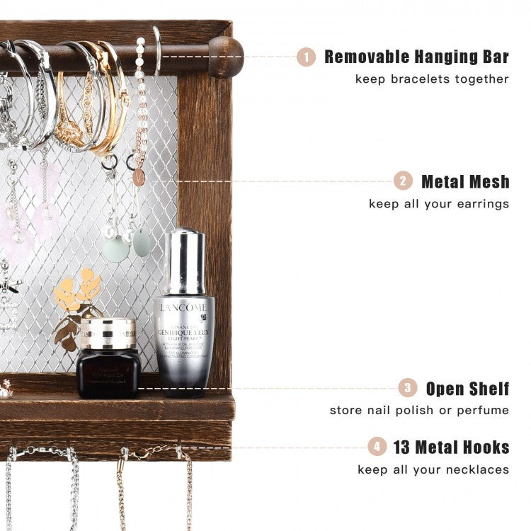 Wall Mounted Jewelry Storage Rack with Hooks, Mesh, Shelf and Rod